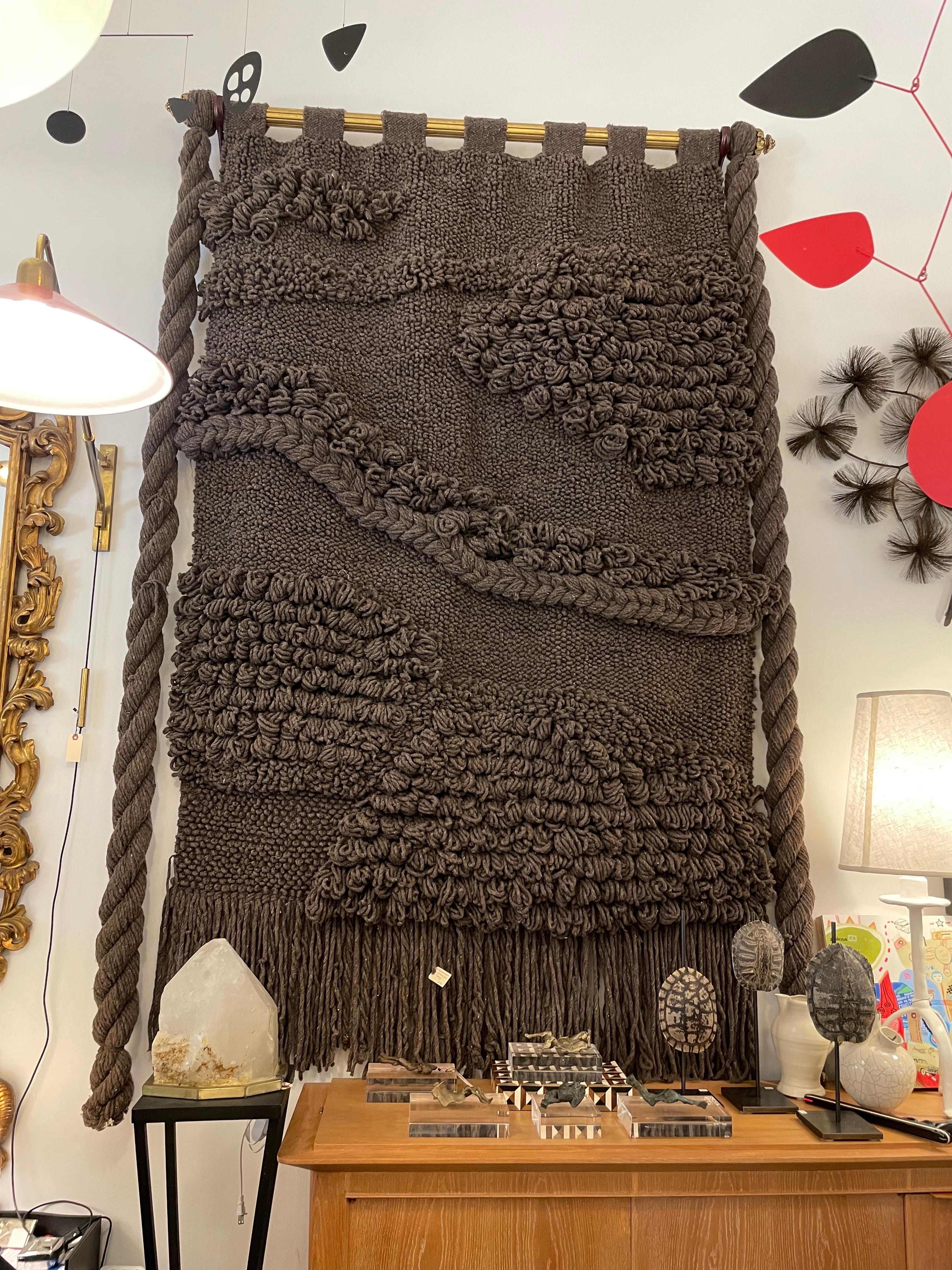 Huge Hand Woven Wool Wall Tapestry in Chocolate/Charcoal Tone For Sale 1