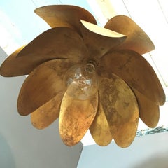 Huge Handcrafted Brass Lotus Flower Ceiling Light, circa 1970s