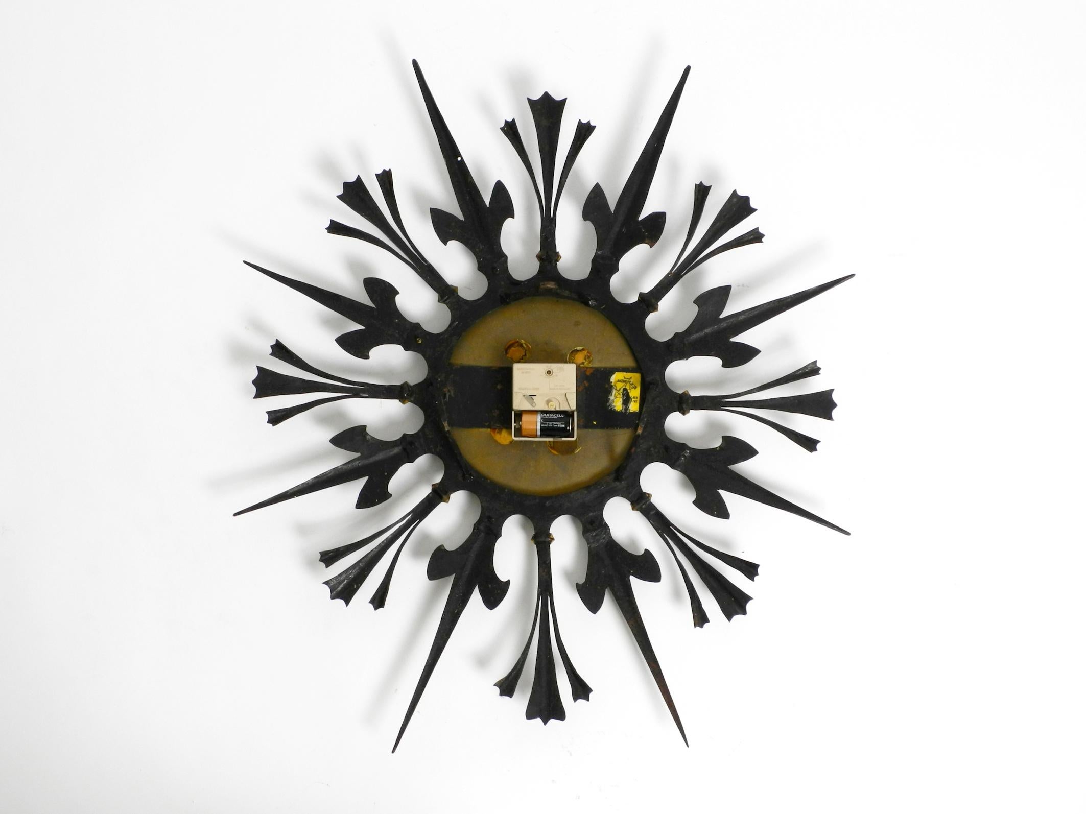 Brass Huge, Heavy, Unusual 60s Sunburst Wall Clock Made of Wrought Iron by Kienzle