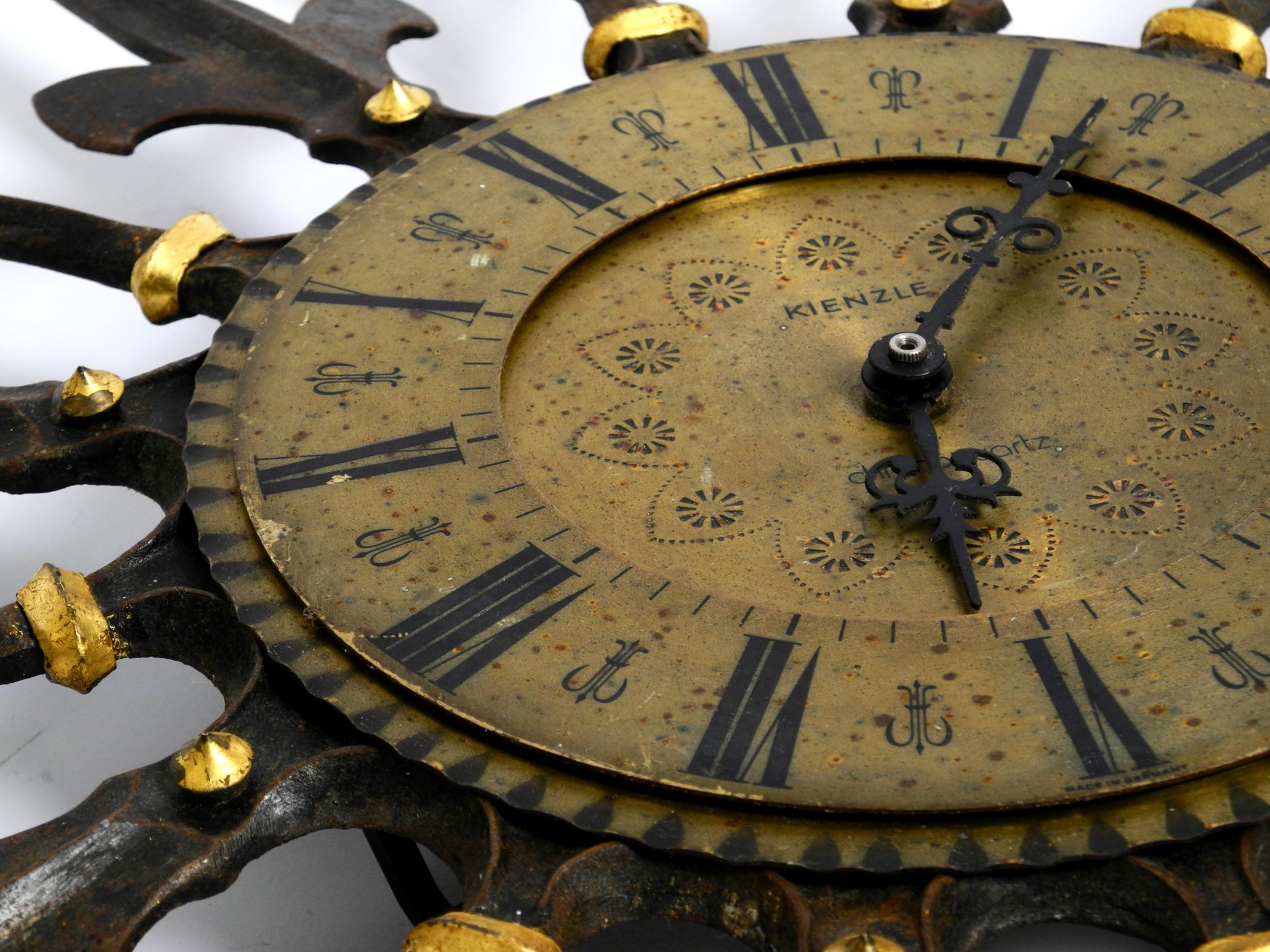 Huge, Heavy, Unusual 60s Sunburst Wall Clock Made of Wrought Iron by Kienzle 9