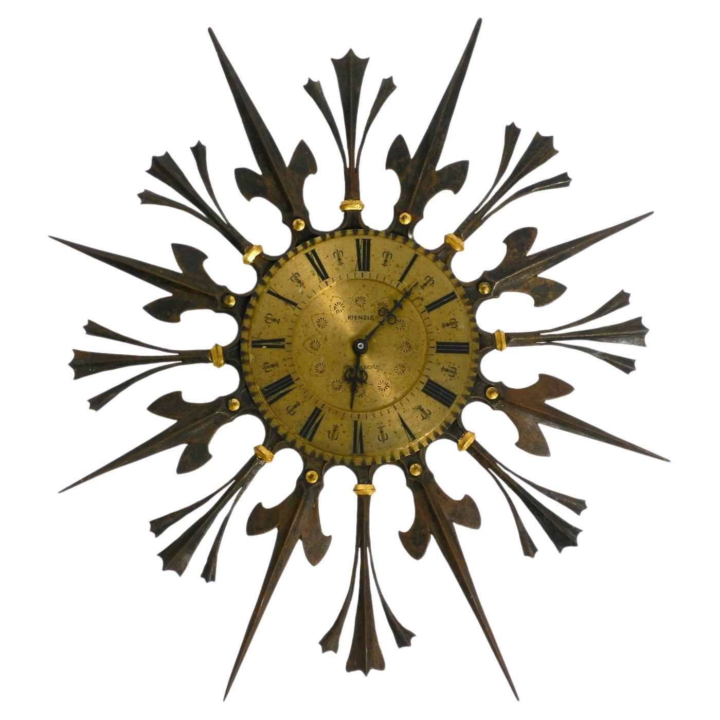 Huge, Heavy, Unusual 60s Sunburst Wall Clock Made of Wrought Iron by Kienzle