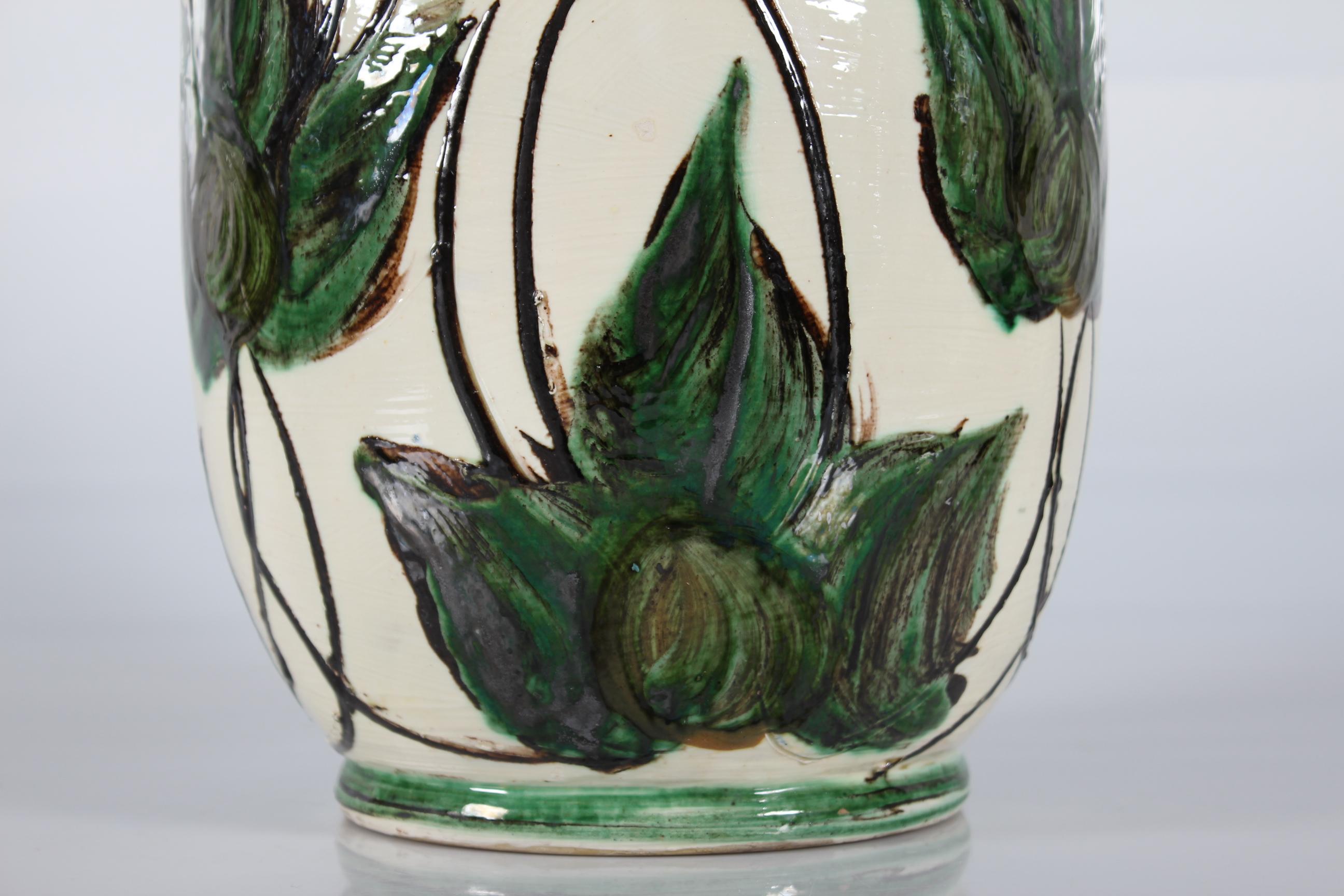 Danish Huge Herman A Kähler Ceramic Floor Vase with Green Leaves, Early 20th Century