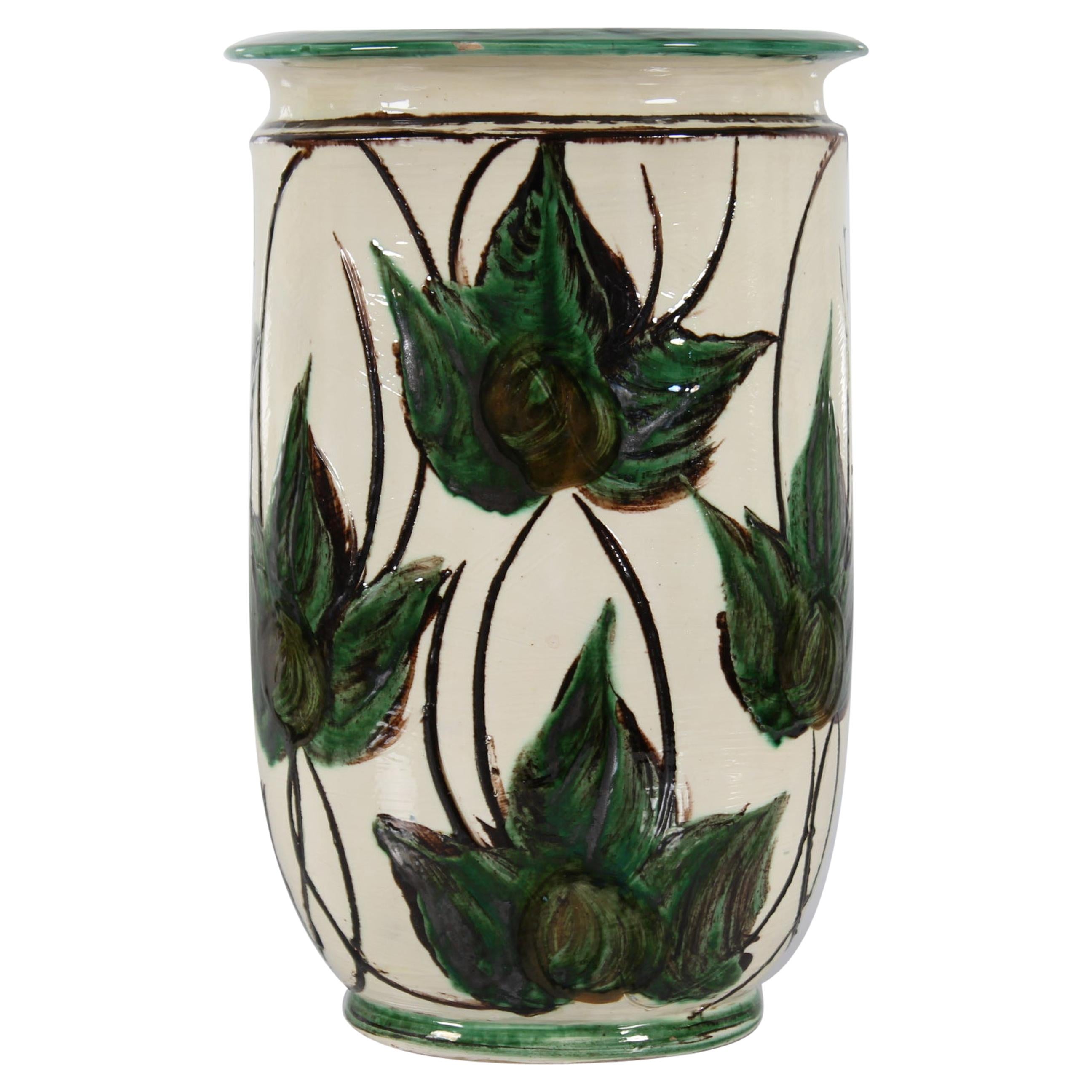 Huge Herman A Kähler Ceramic Floor Vase with Green Leaves, Early 20th Century