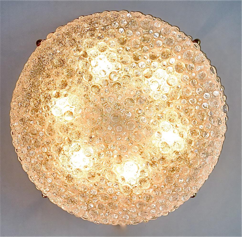 Huge Hillebrand Brass Textured Murano Glass Flush Mount Light Venini Style 1960s For Sale 5