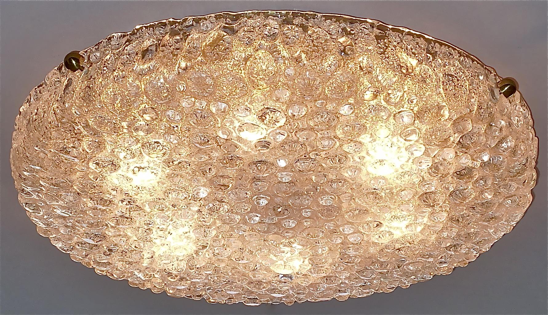Huge Hillebrand Brass Textured Murano Glass Flush Mount Light Venini Style 1960s For Sale 7