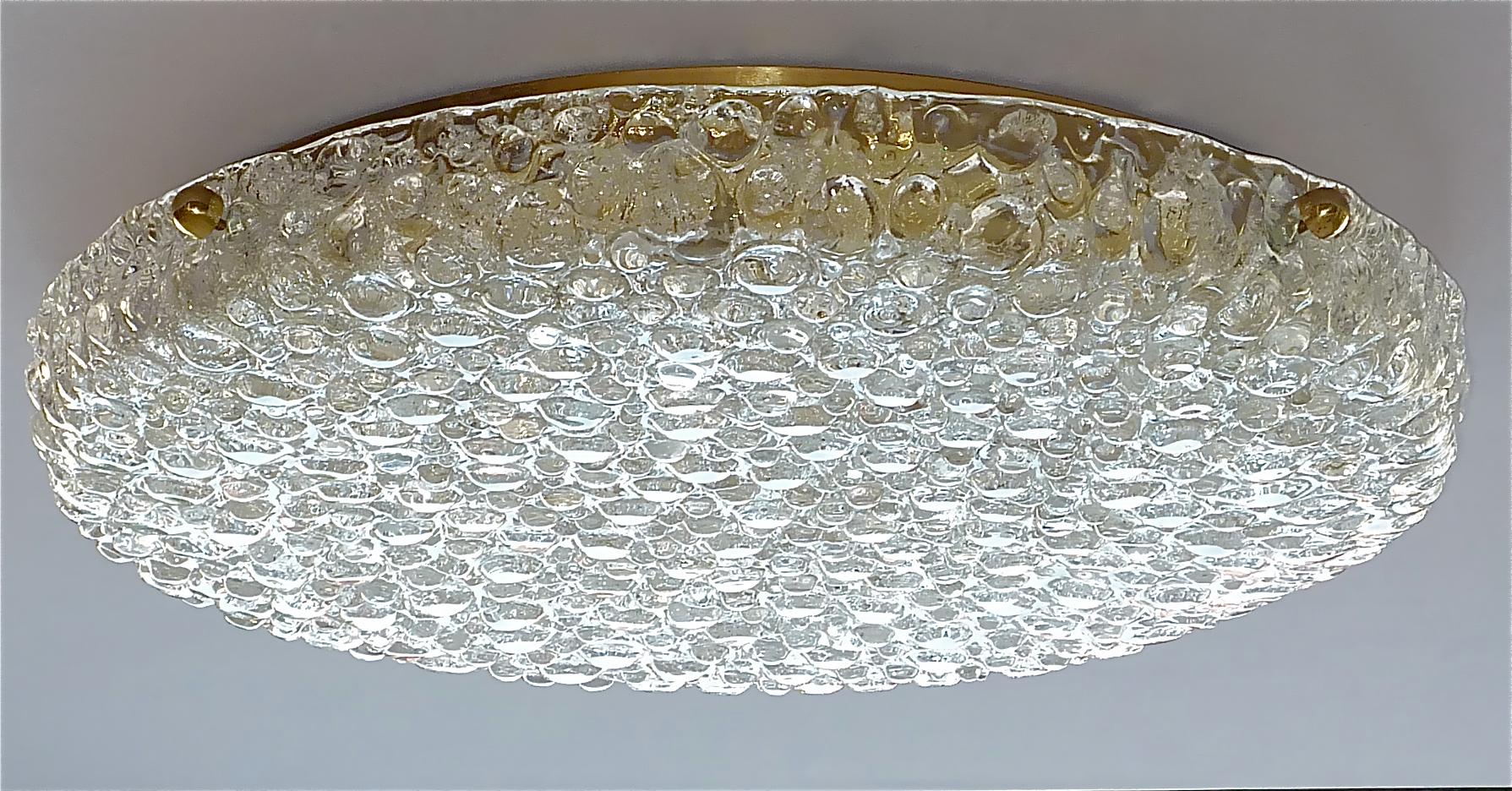 Mid-Century Modern Huge Hillebrand Brass Textured Murano Glass Flush Mount Light Venini Style 1960s