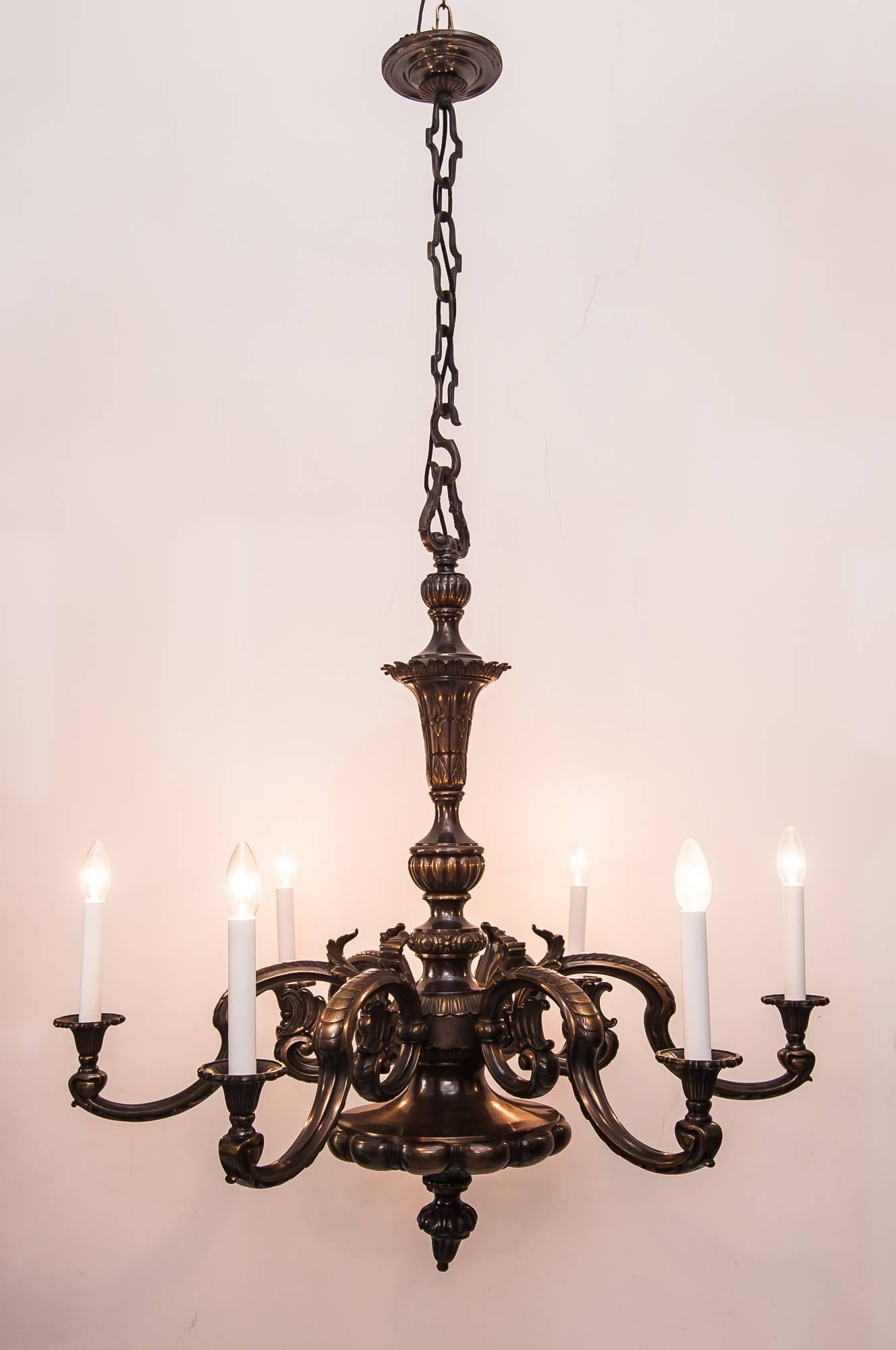 Huge historistic bronze chandelier, circa 1890s.
Very nice original patina
Original condition
Only the wire is new.
 