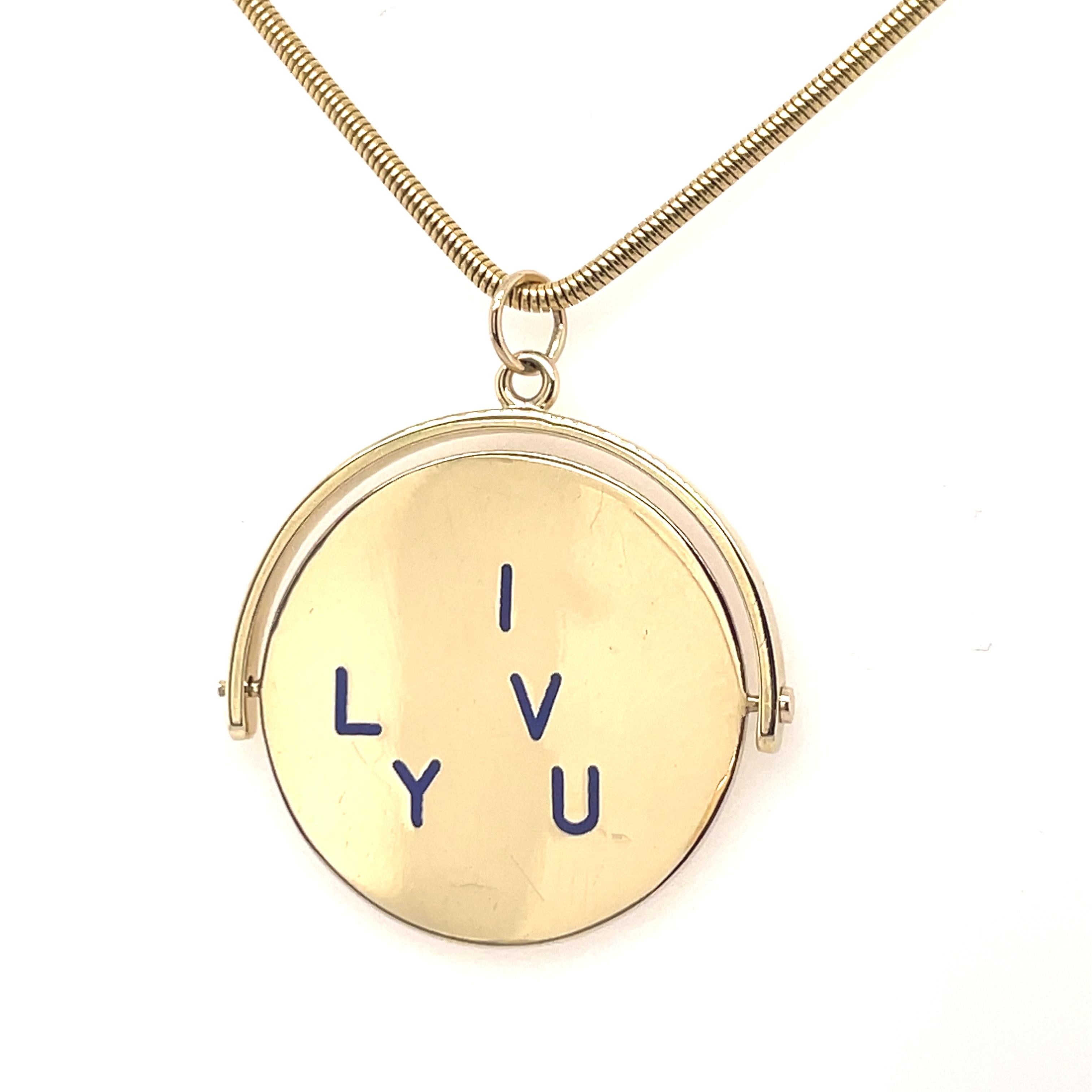 Extra large I Love You spinner charm/pendant.  Solid gauge 14K yellow gold with blue enamel lettering.  1 1/4