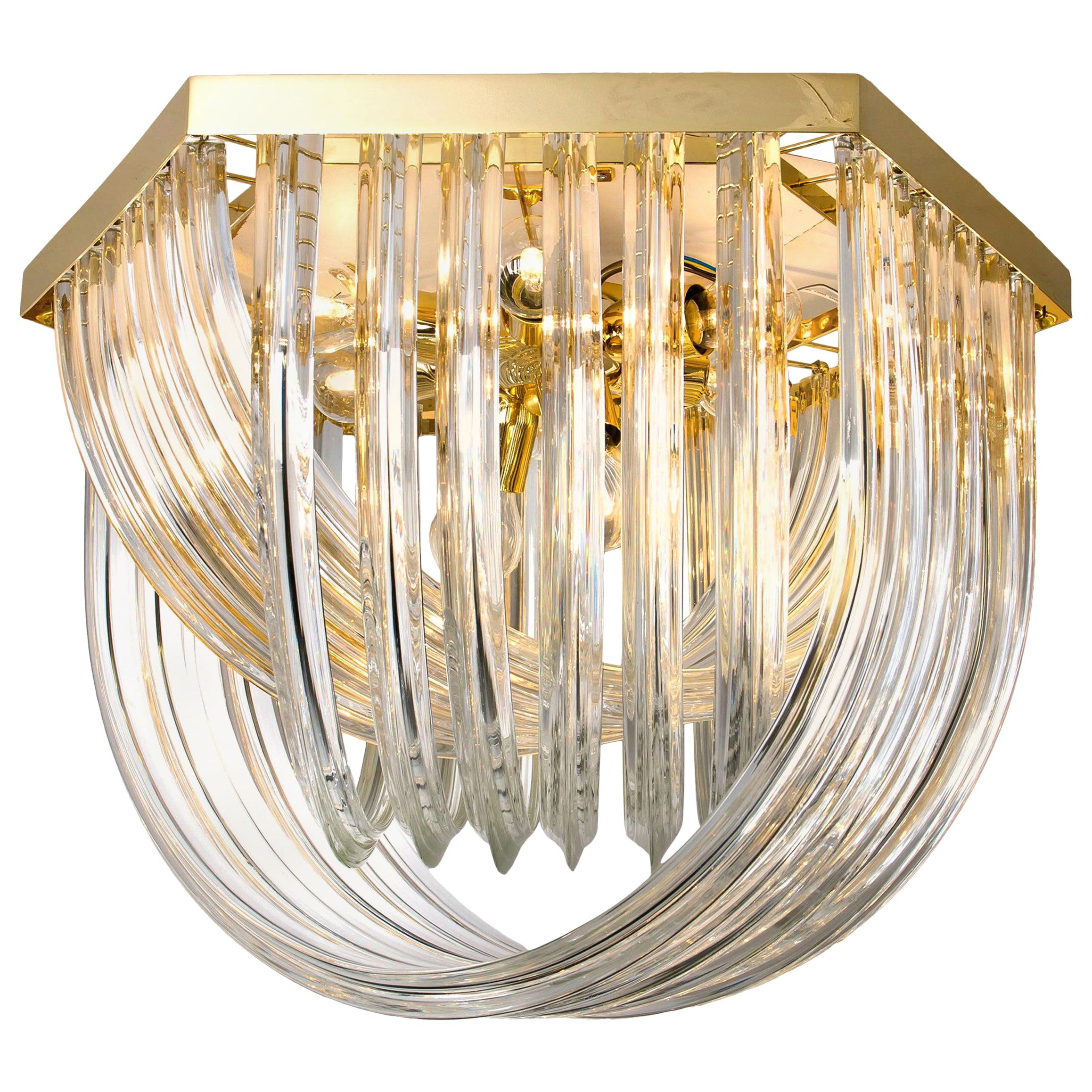 Große beeindruckende Venini-Einbaubeleuchtung, geschwungenes Kristallglas und vergoldetes Messing, Italien