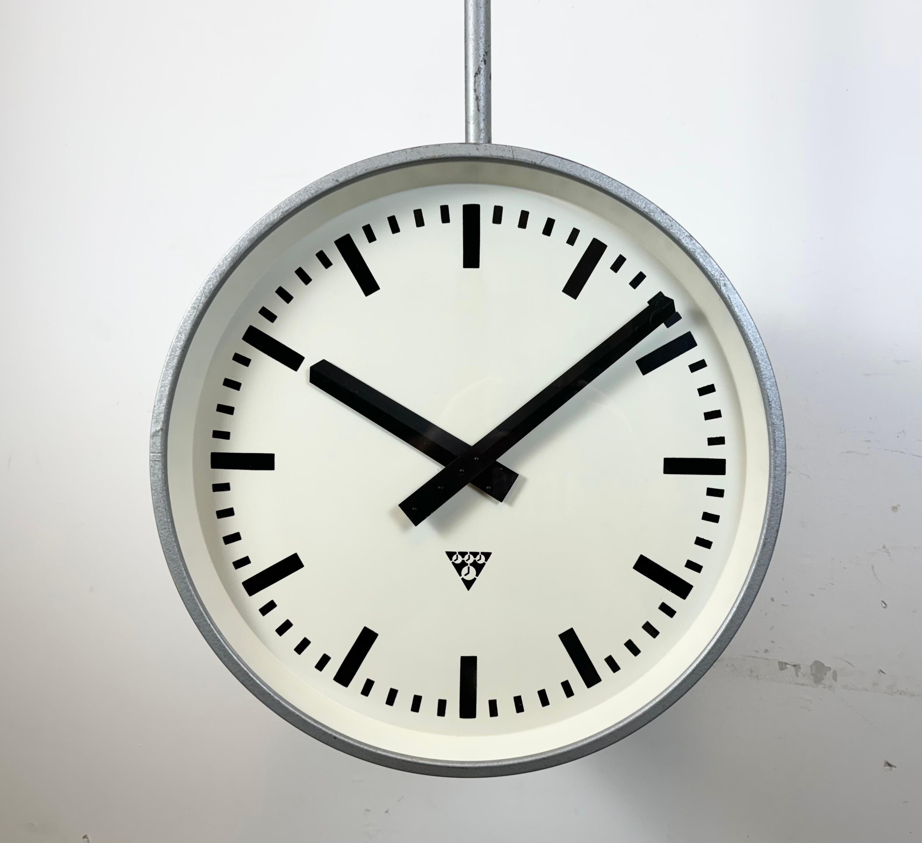 Huge Industrial Double Sided Railway or Factory Clock from Pragotron, 1960s In Good Condition For Sale In Kojetice, CZ