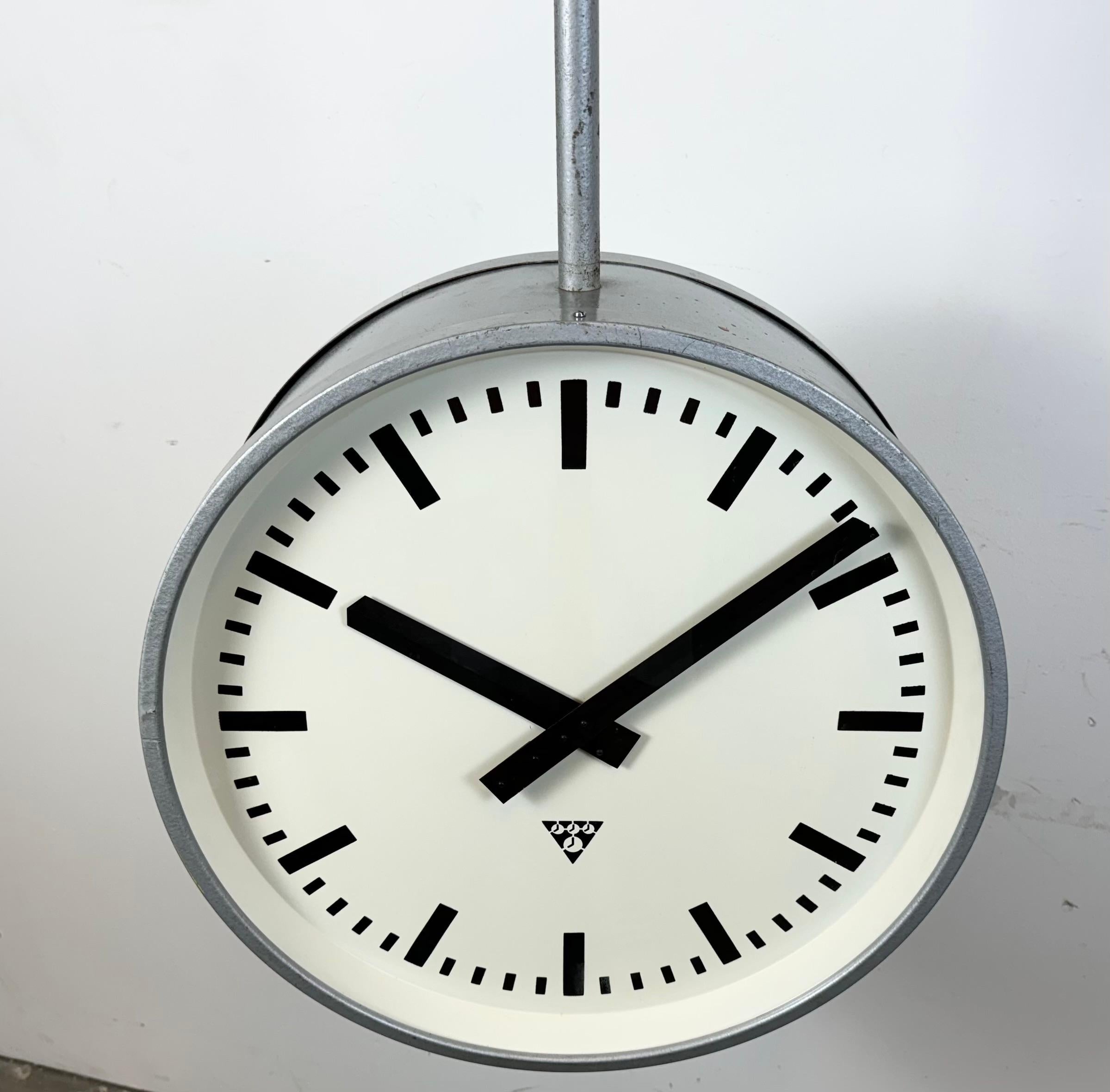Glass Huge Industrial Double Sided Railway or Factory Clock from Pragotron, 1960s For Sale