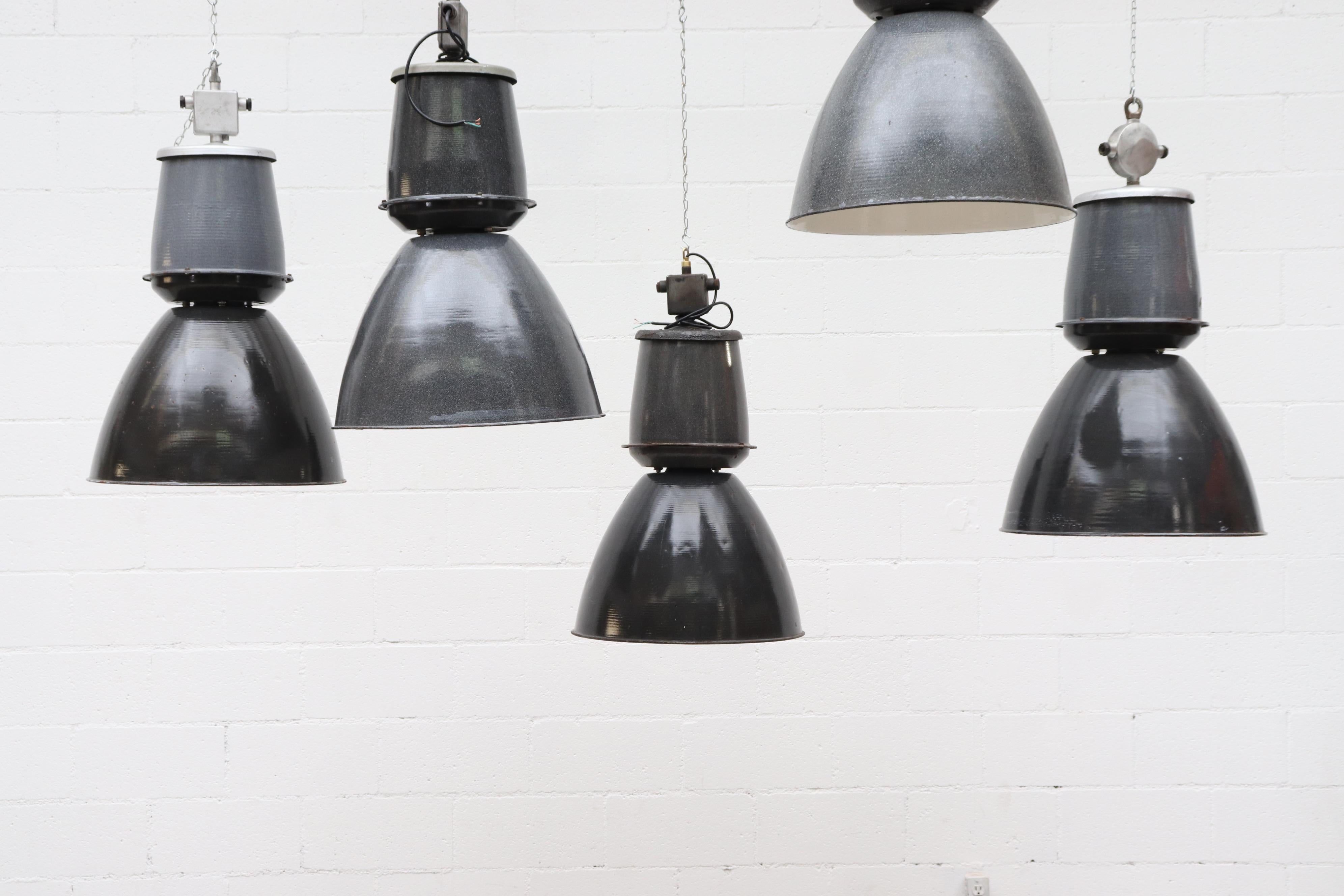 Mid-Century Modern Huge Industrial Metal Factory Pendant Lamps in Assorted Grays w/ White Interior For Sale