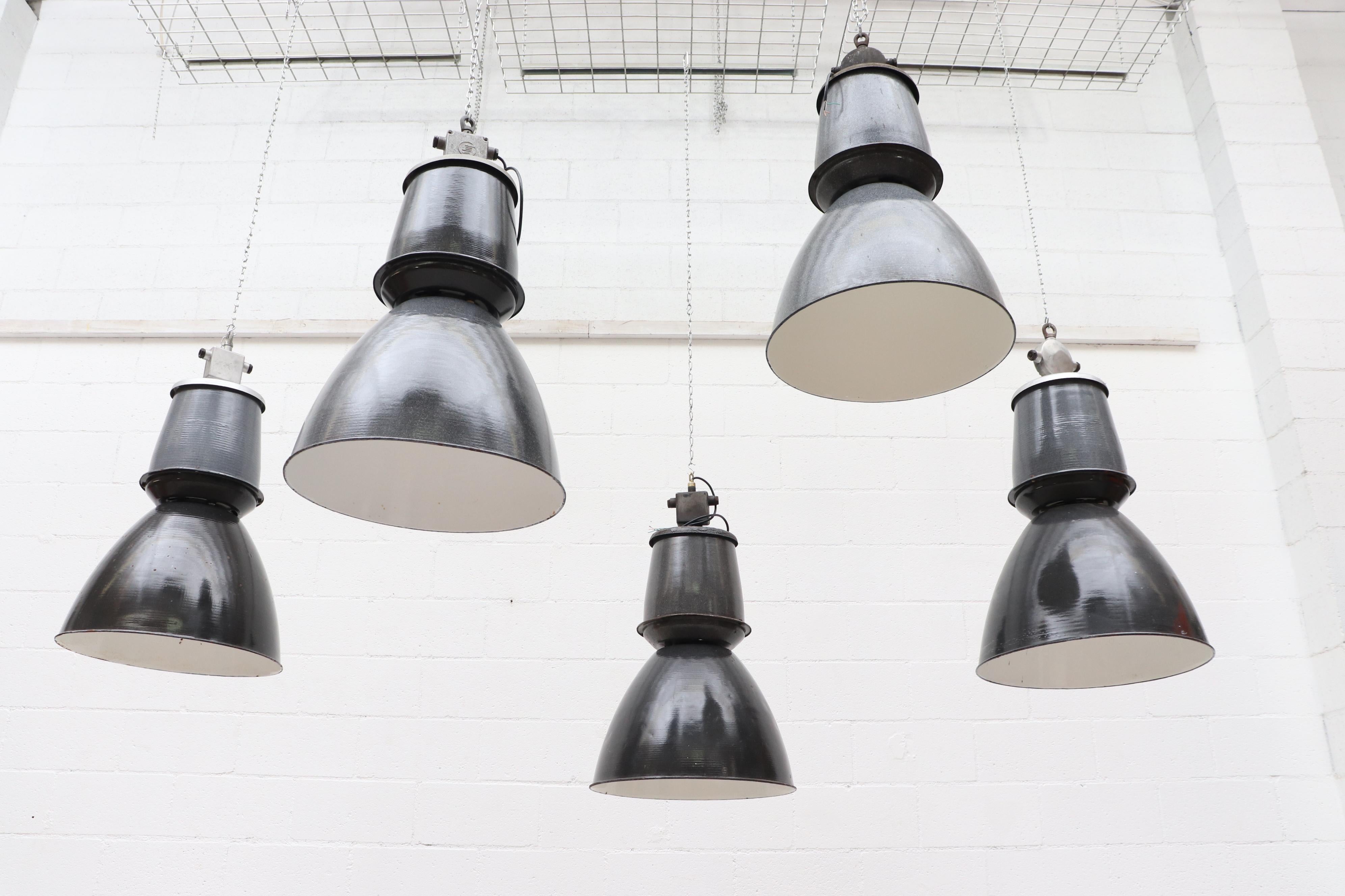 Czech Huge Industrial Metal Factory Pendant Lamps in Assorted Grays w/ White Interior For Sale