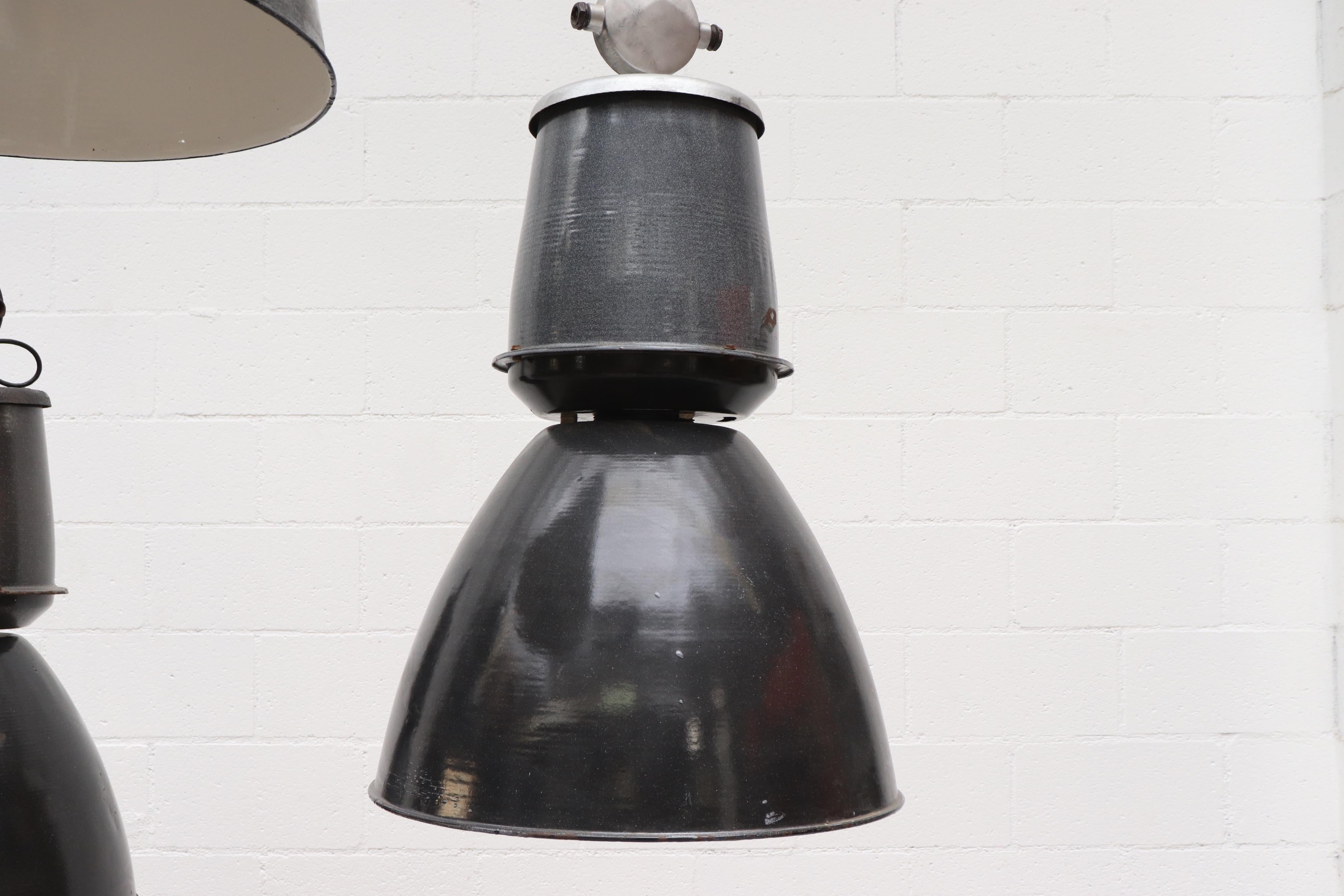Enameled Huge Industrial Metal Factory Pendant Lamps in Assorted Grays w/ White Interior For Sale