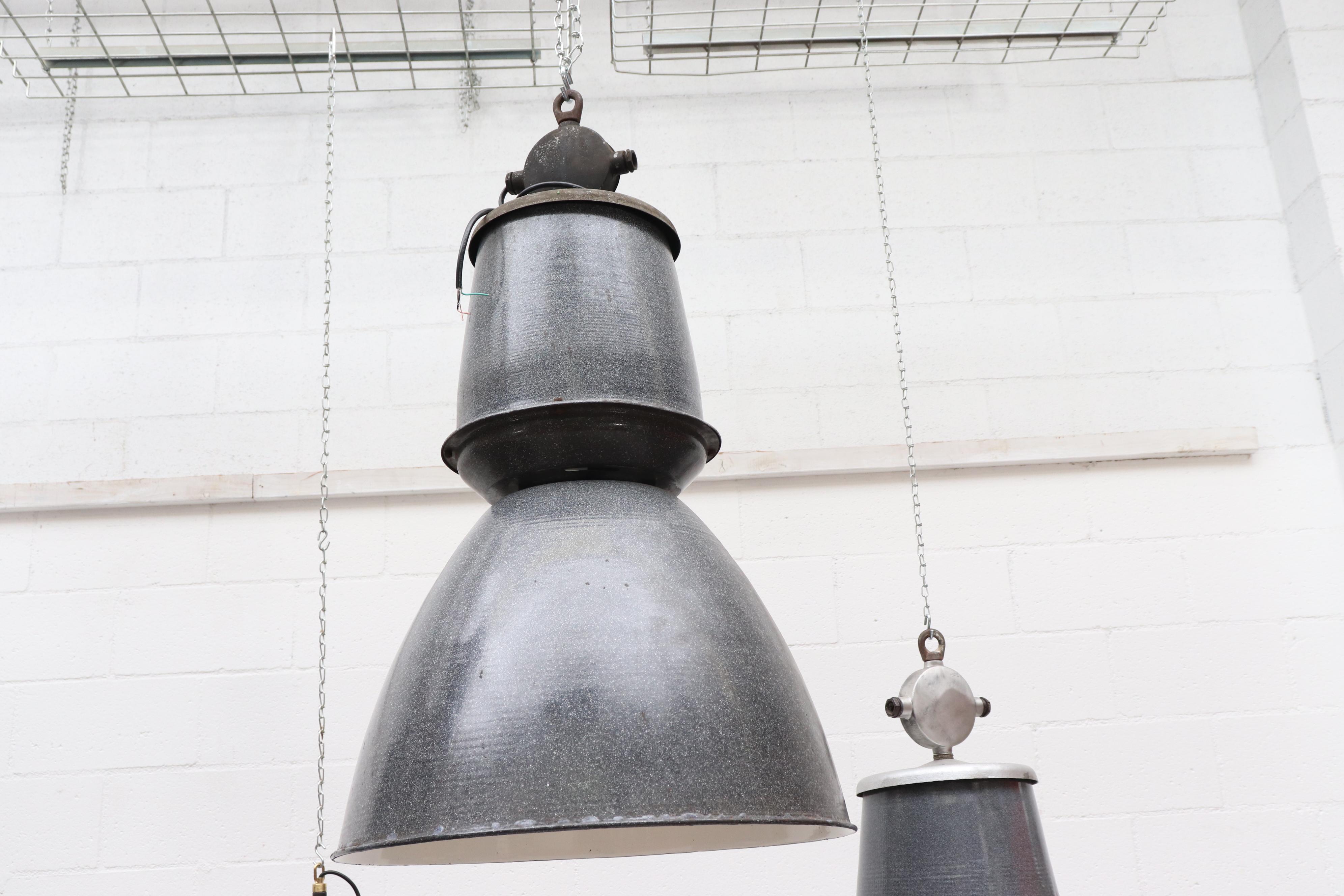 Huge Industrial Metal Factory Pendant Lamps in Assorted Grays w/ White Interior In Good Condition For Sale In Los Angeles, CA