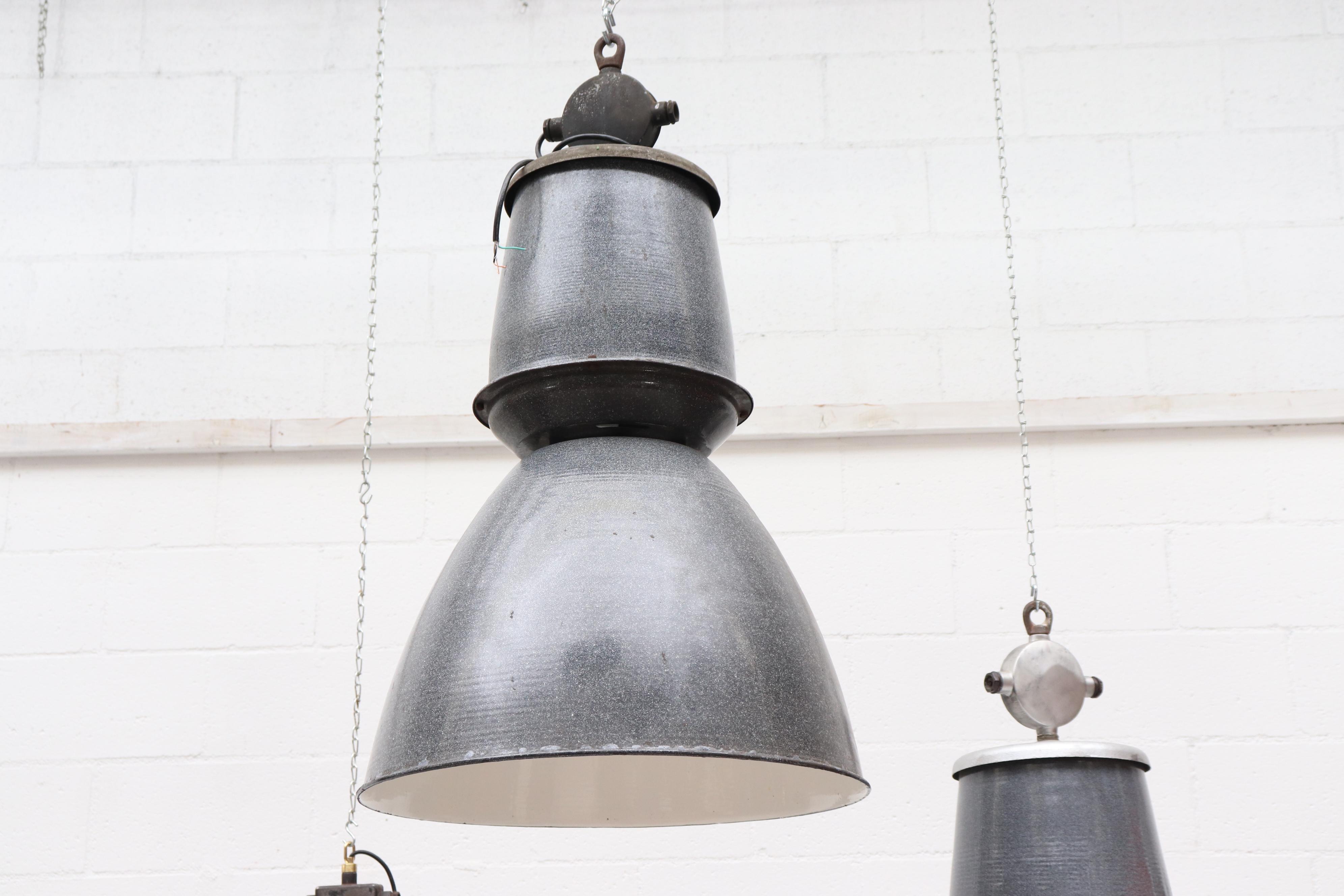 Mid-20th Century Huge Industrial Metal Factory Pendant Lamps in Assorted Grays w/ White Interior For Sale