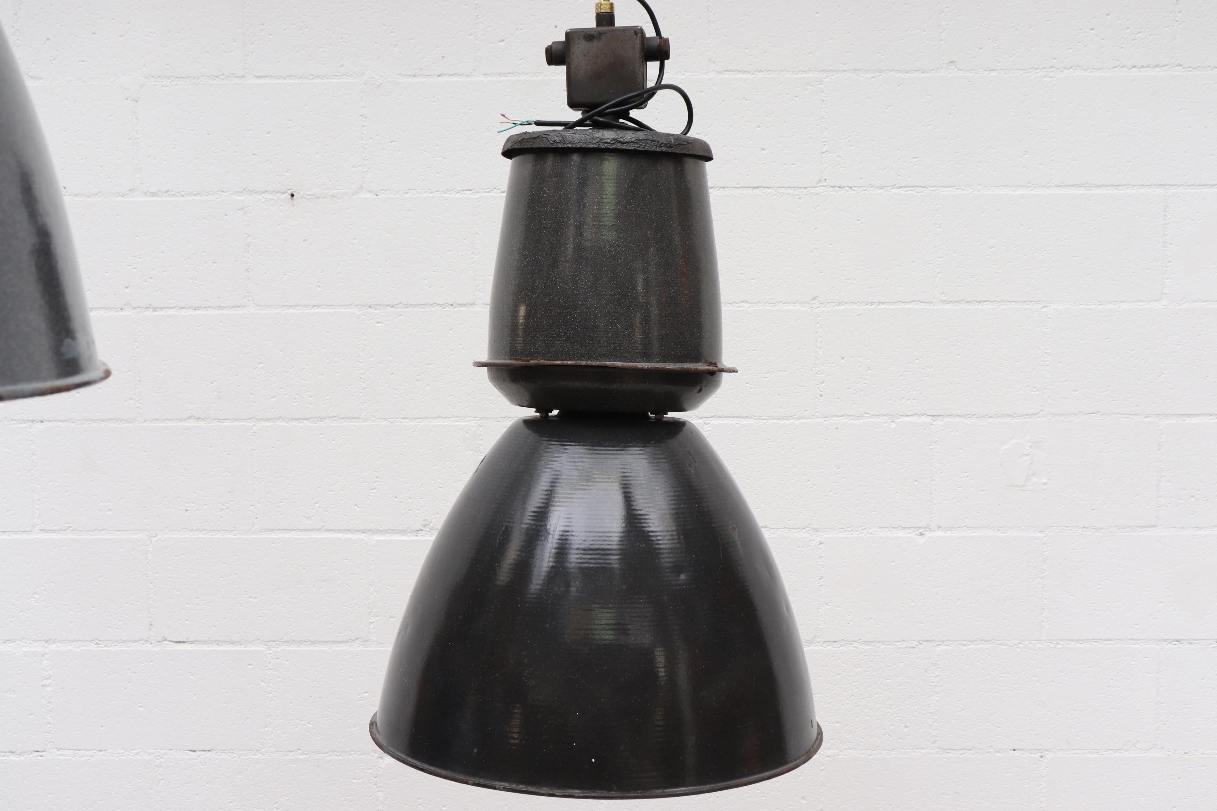Huge Industrial Metal Factory Pendant Lamps in Assorted Grays w/ White Interior For Sale 1