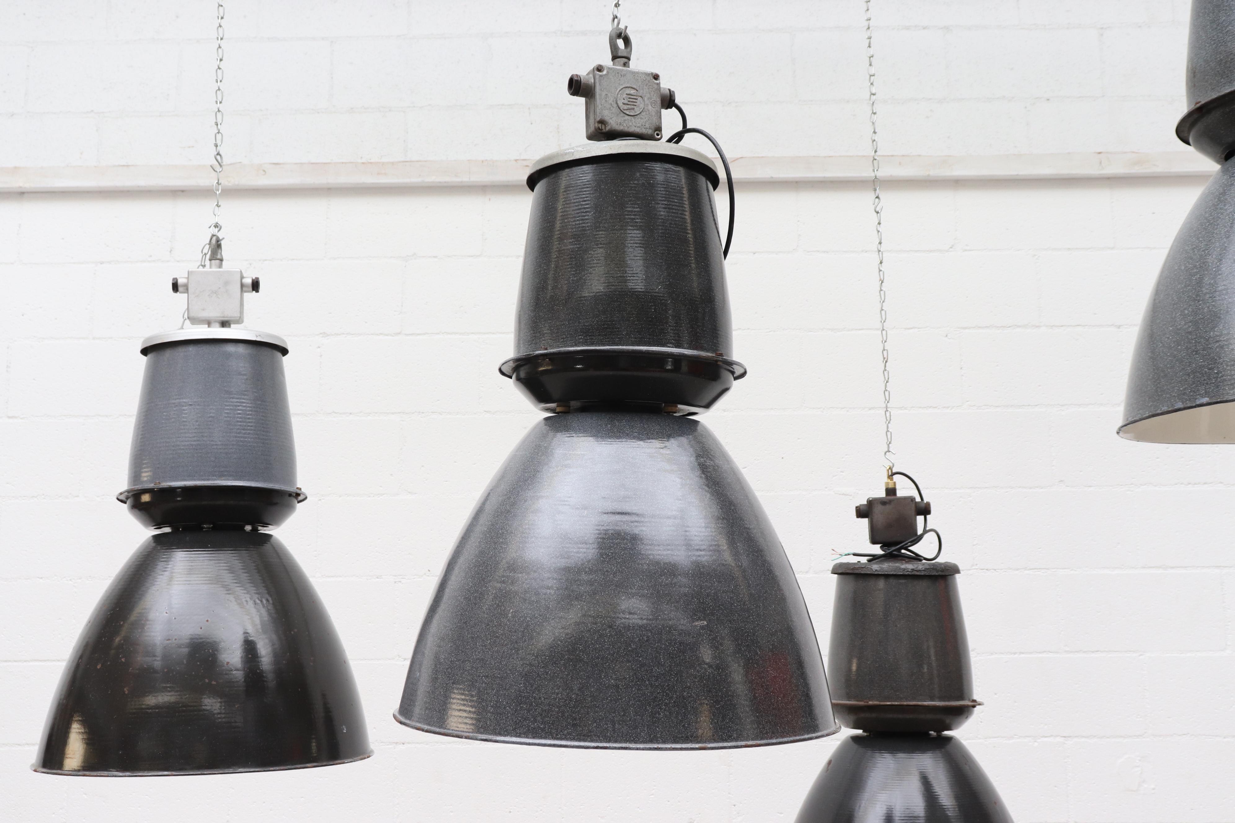 Huge Industrial Metal Factory Pendant Lamps in Assorted Grays w/ White Interior For Sale 2