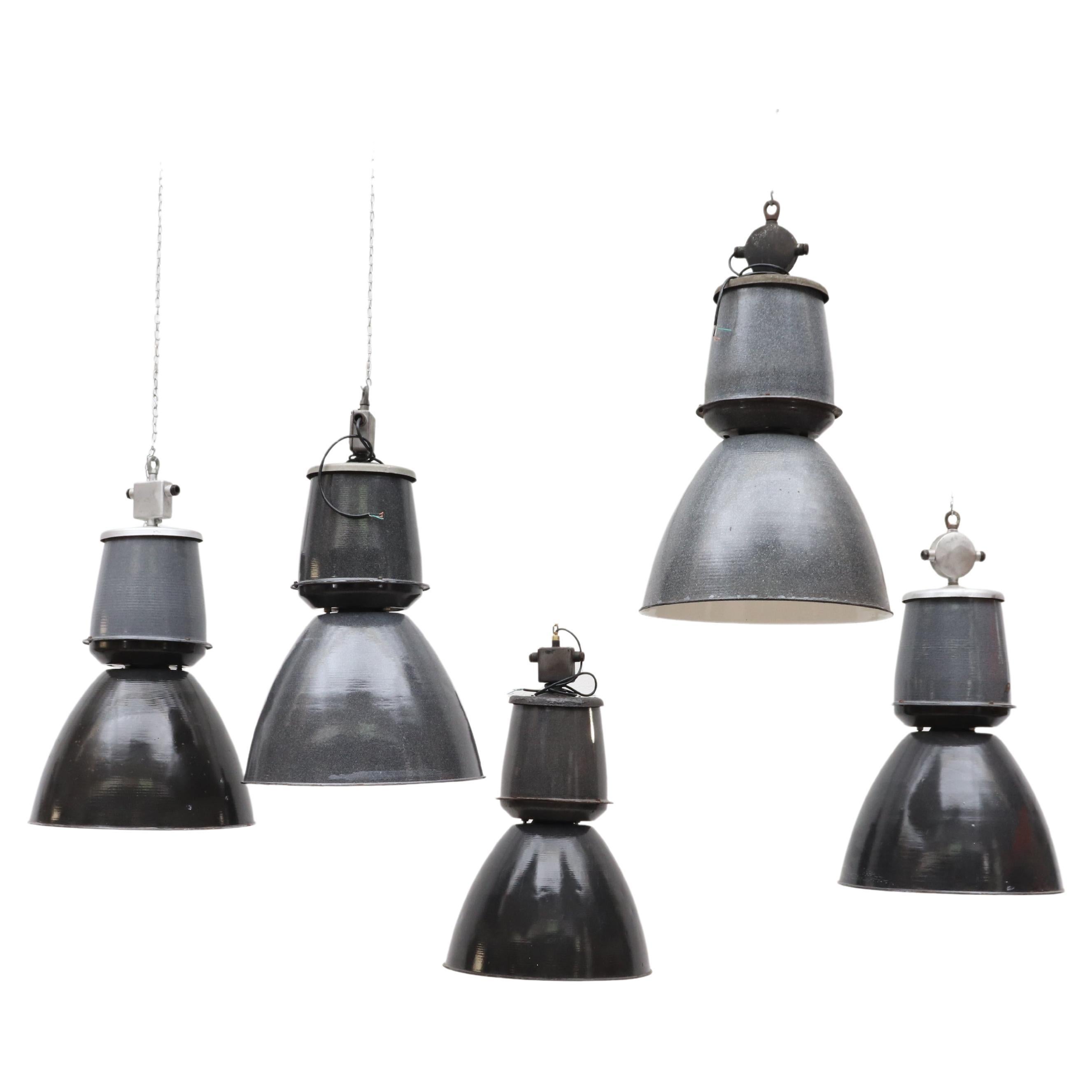 Huge Industrial Metal Factory Pendant Lamps in Assorted Grays w/ White Interior For Sale