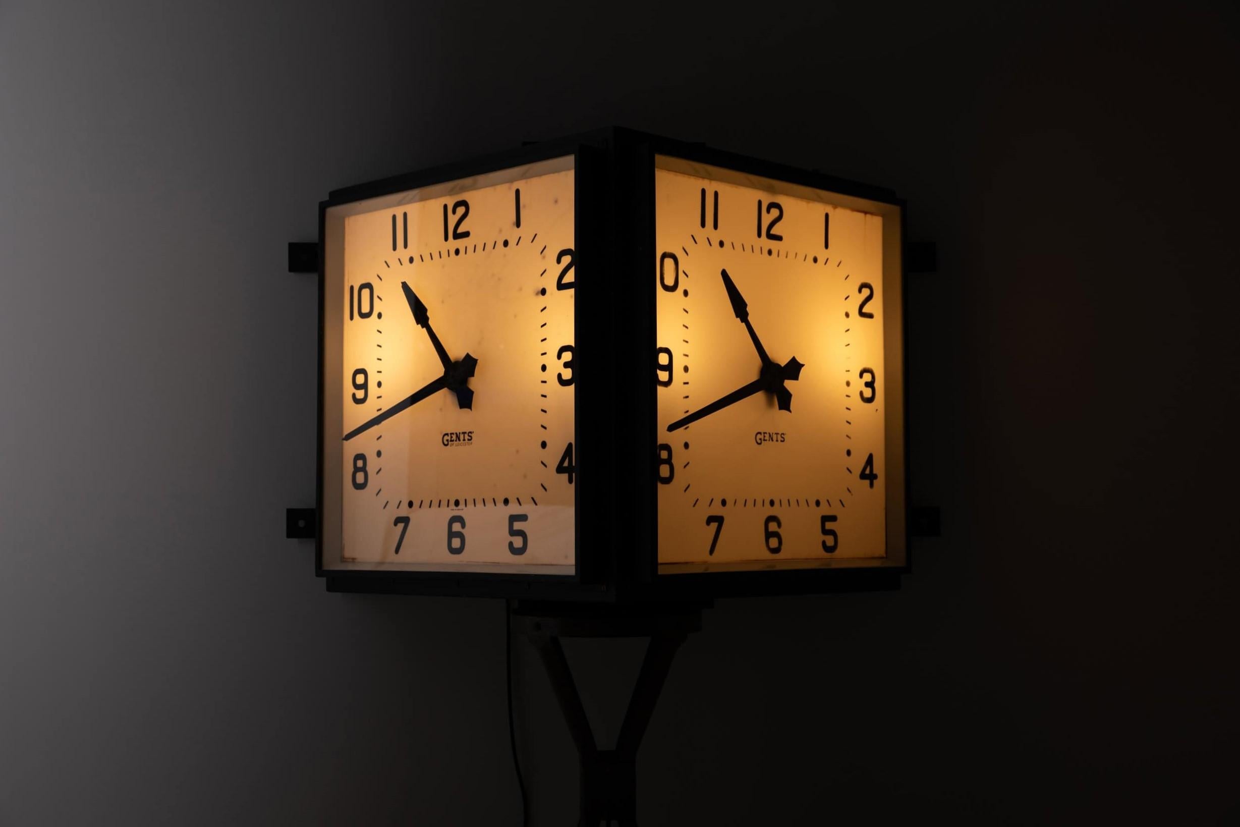 Steel Huge Industrial Illuminated Double Sided Gents of Leicester Railway Clock. c1930 For Sale