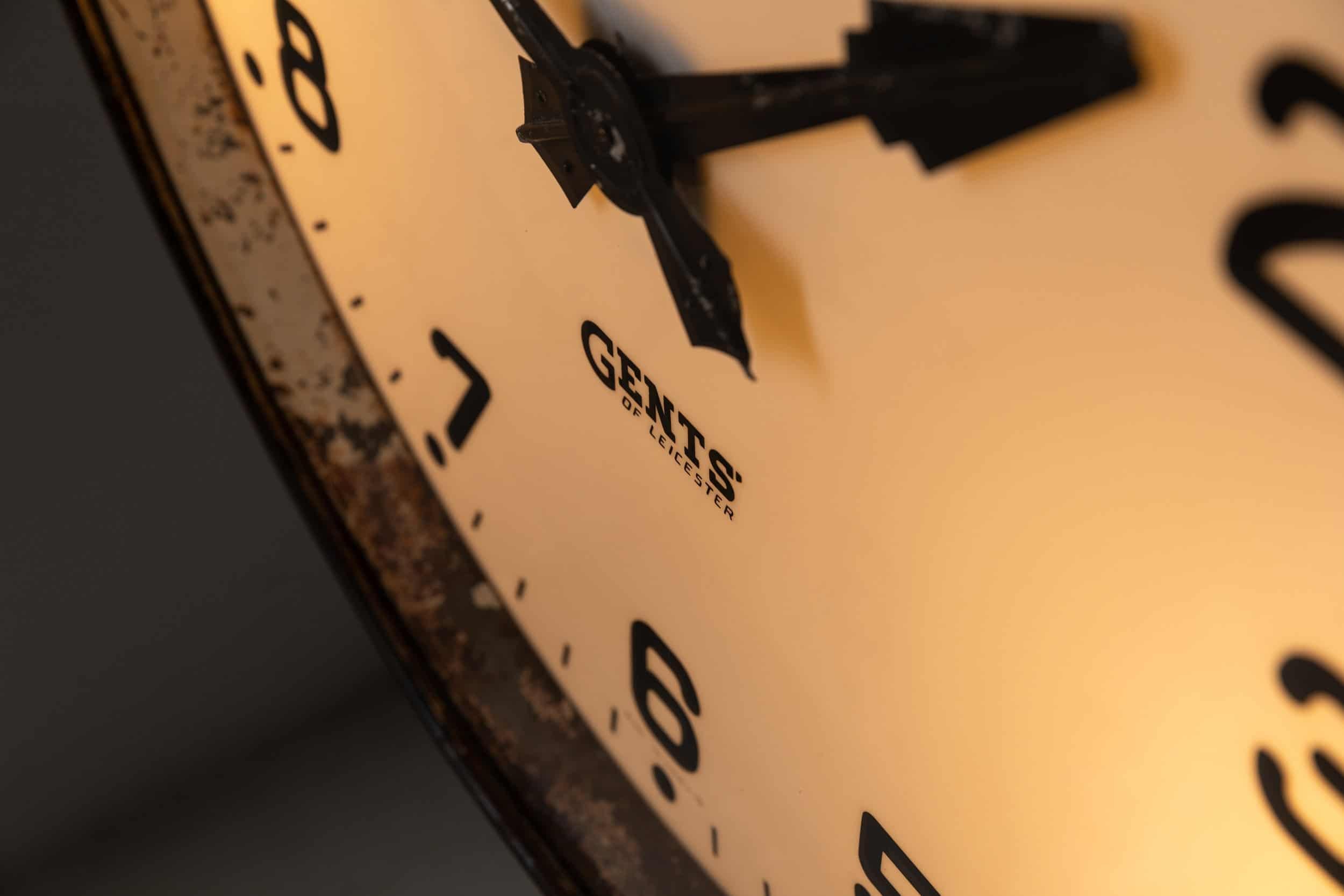English Huge Industrial Illuminated Gents of Leicester Railway Factory Wall Clock. c1930