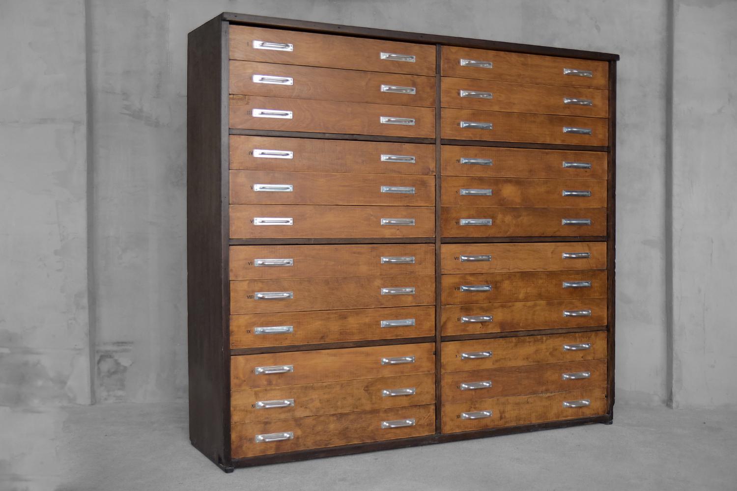 Austrian Vintage Original Antique Huge Industrial Oak Wood Architect Cabinet, 1930s