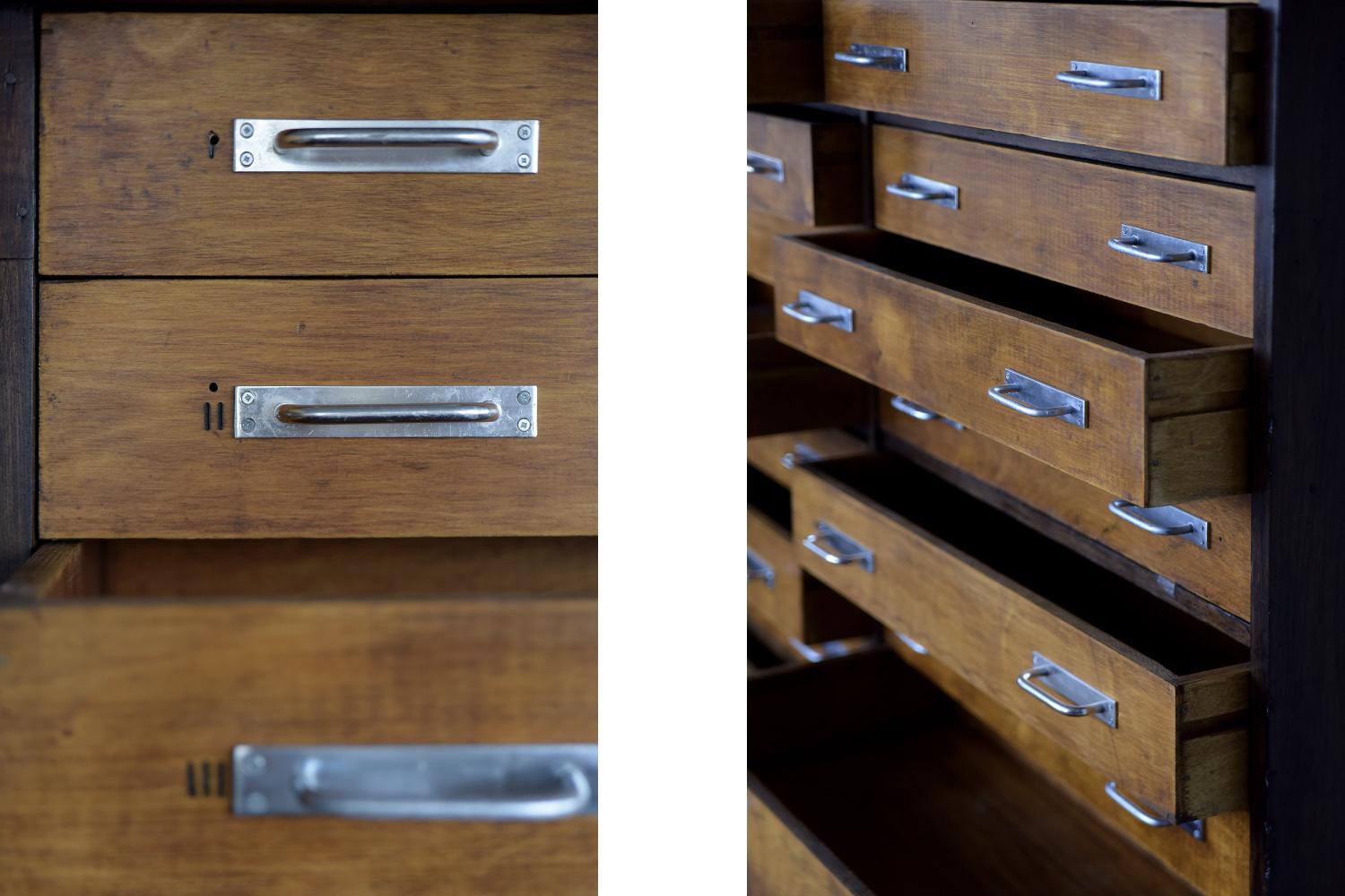 Metal Vintage Original Antique Huge Industrial Oak Wood Architect Cabinet, 1930s