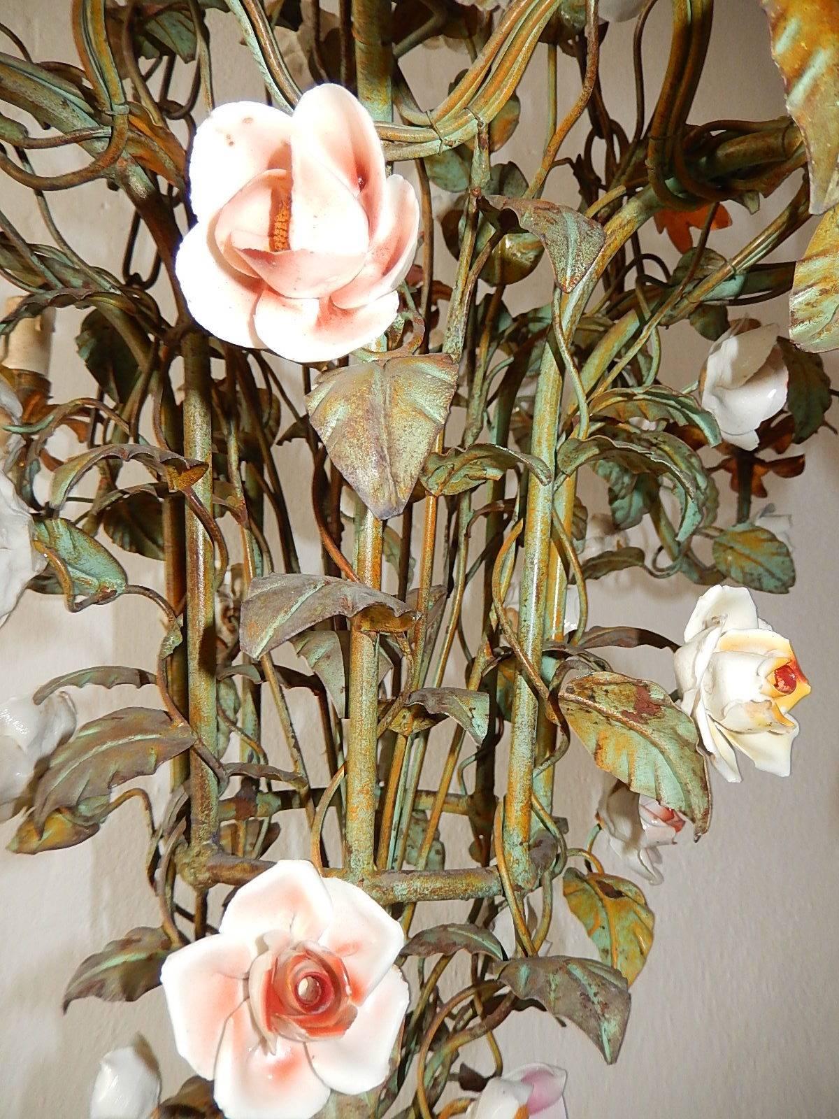 Huge Italian 1870 Tole Polychrome Eight-Light Porcelain Flowers Chandelier 8