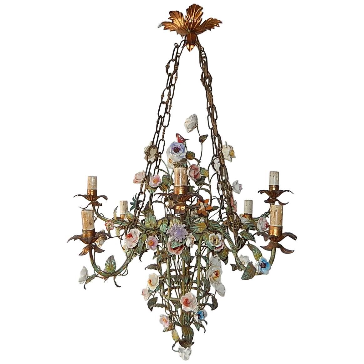 Huge Italian 1870 Tole Polychrome Eight-Light Porcelain Flowers Chandelier