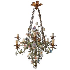 Huge Italian 1870 Tole Polychrome Eight-Light Porcelain Flowers Chandelier