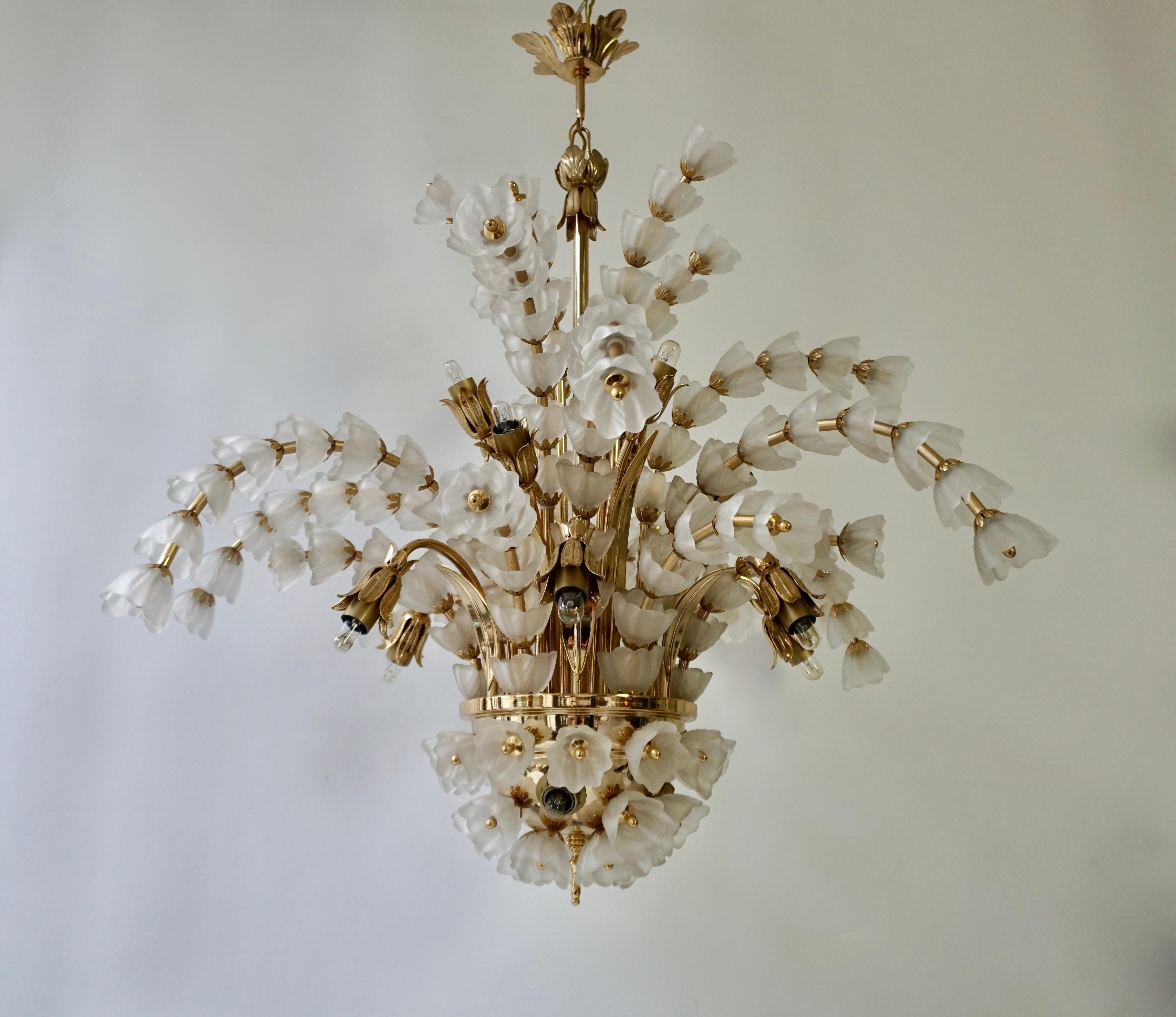 Huge Italian Chandelier in Brass with 159 Murano Glass Flowers 1