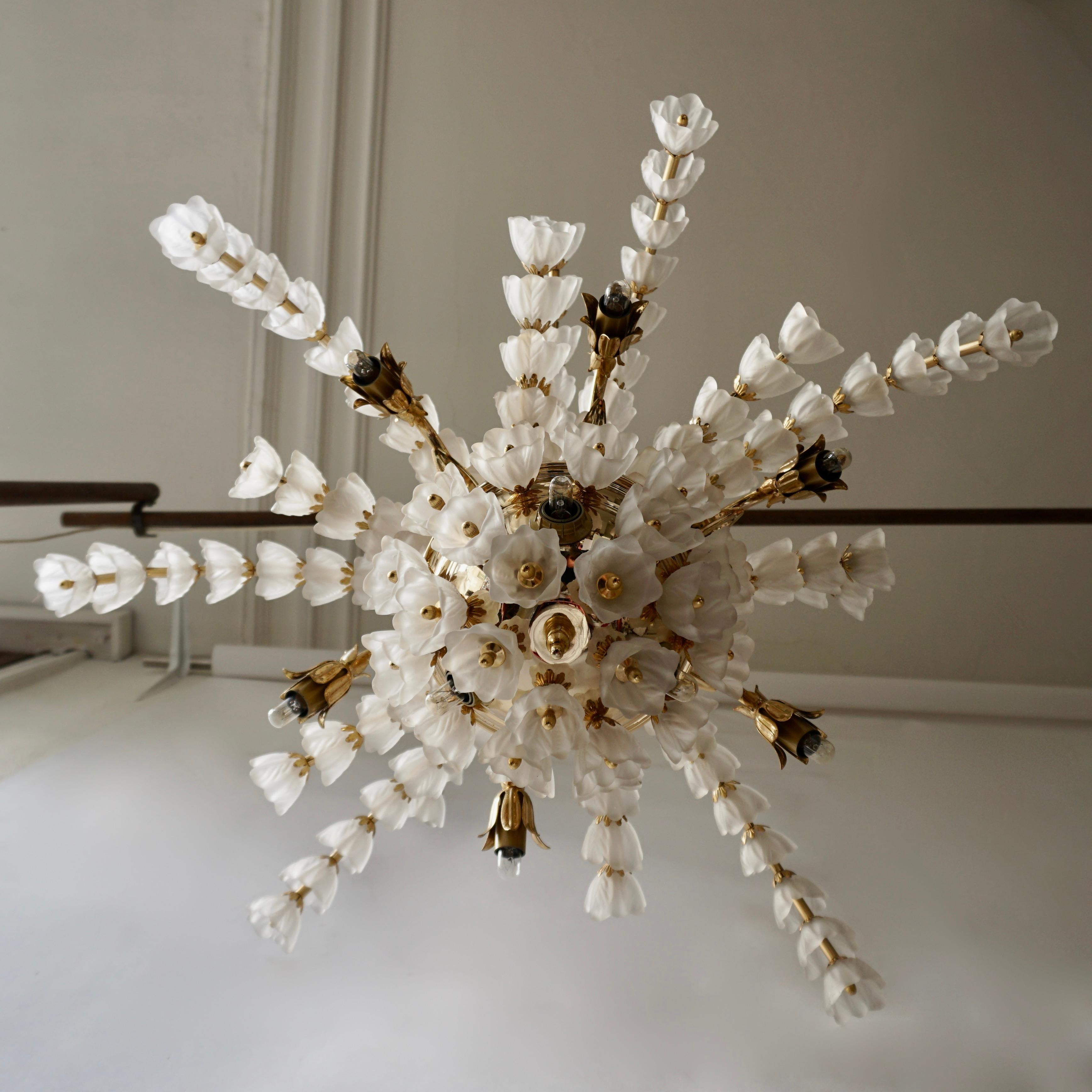 Huge Italian Chandelier in Brass with 159 Murano Glass Flowers 2