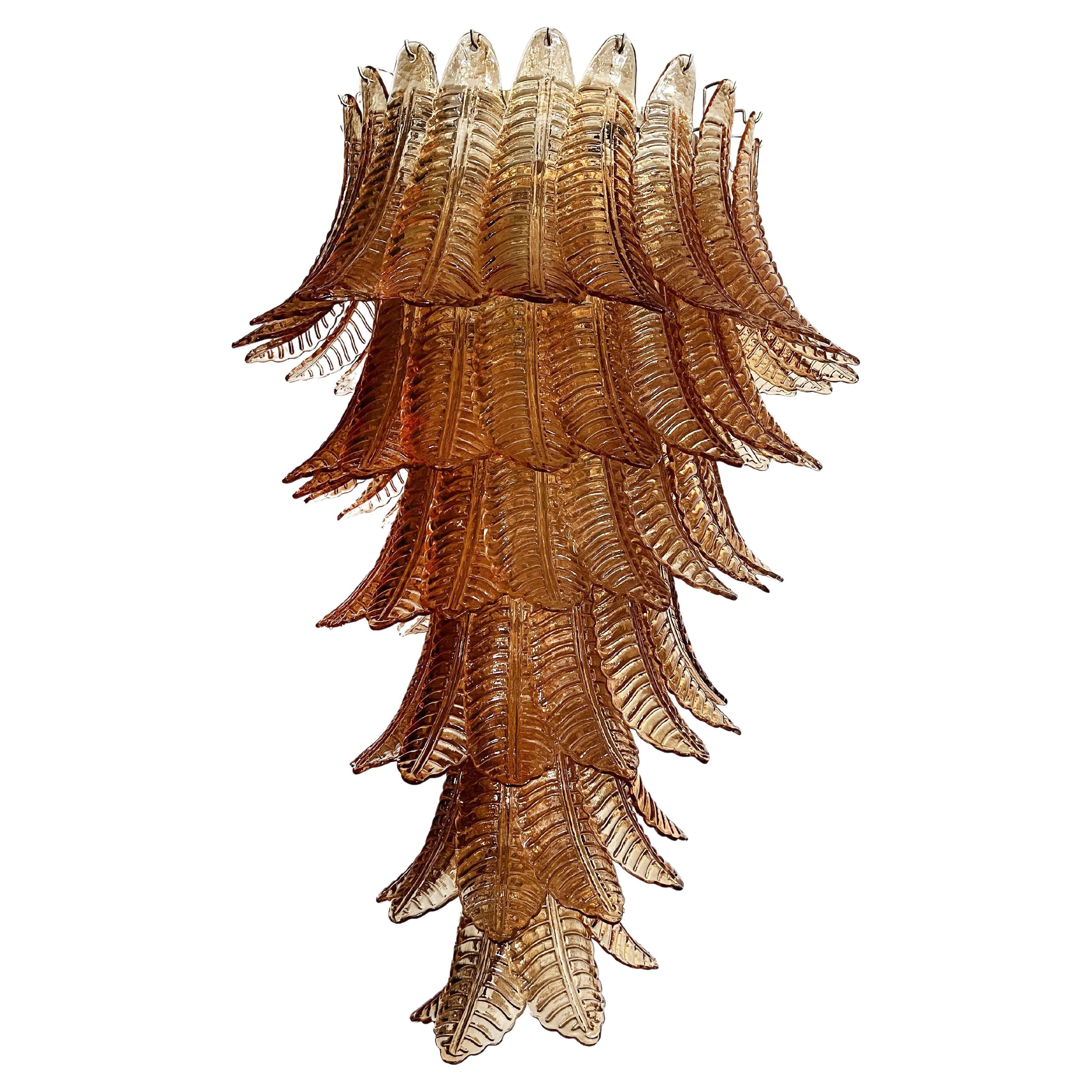 Huge Italian Murano Felci Glass Spiral Chandelier, 83 Amber Glasses For Sale