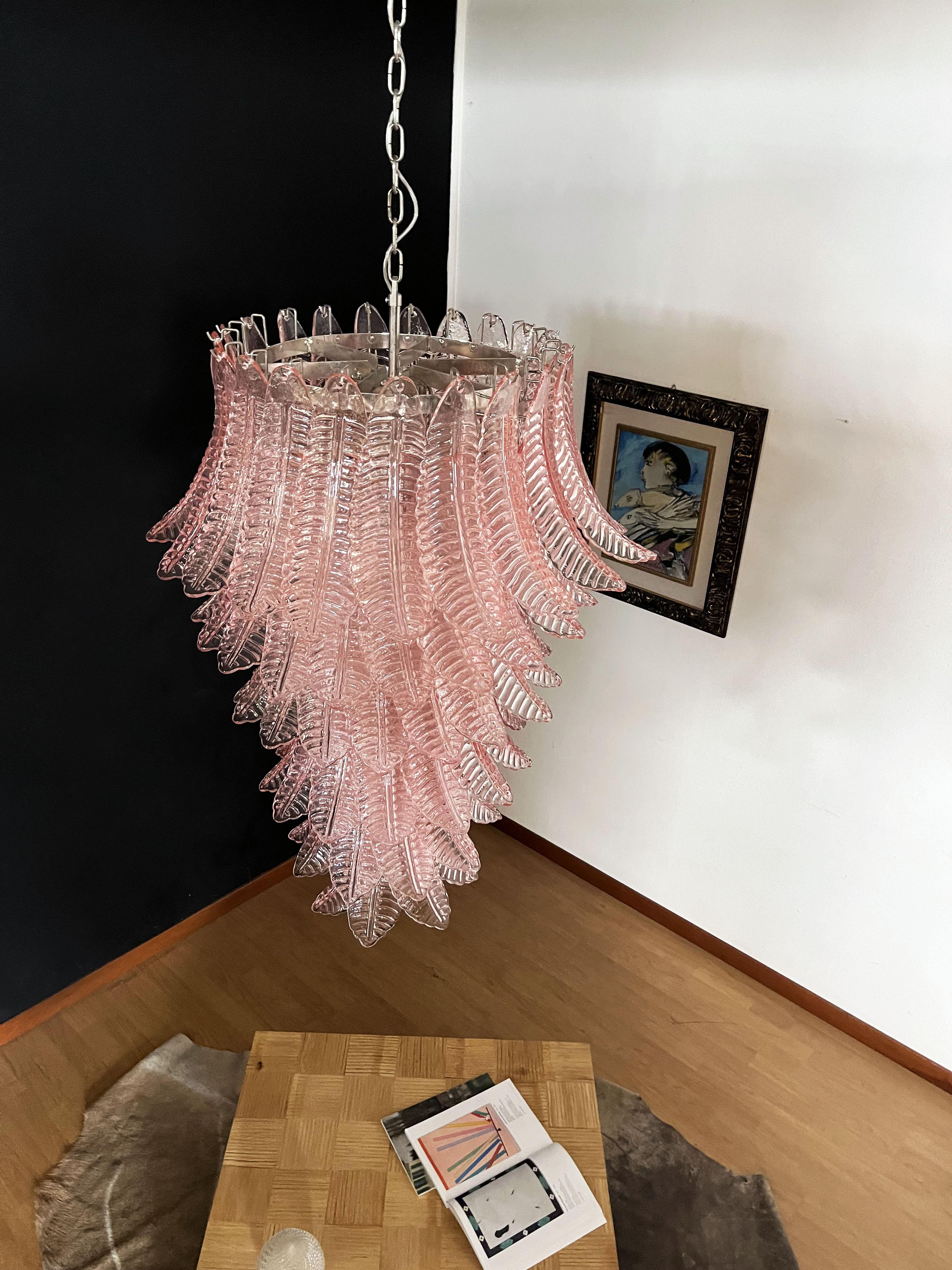 Galvanized Huge Italian Murano Felci Glass Spiral Chandelier, 83 Pink Glasses For Sale