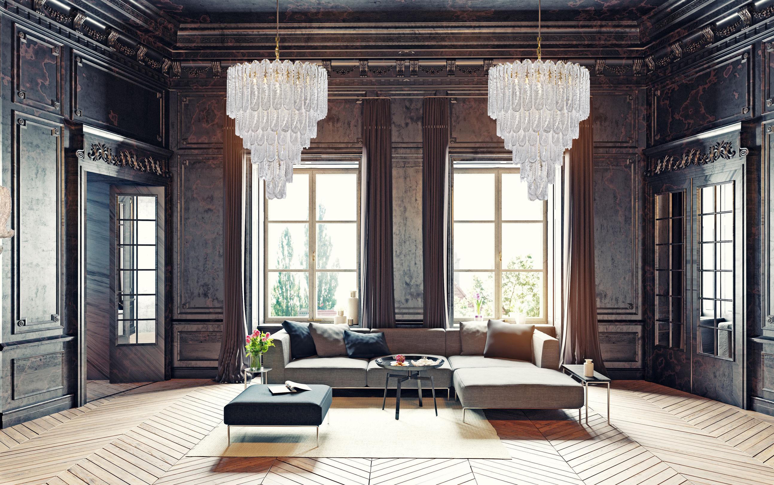 Striking  large Italian Murano glass chandelier made with numerous amazing pine glass pendants.
Available aslo a pair. 
Winter collection by Veneziani Arte.

Dimensions: 55.10 inches (140 cm) height with chain; 31 inches (80 cm) height without