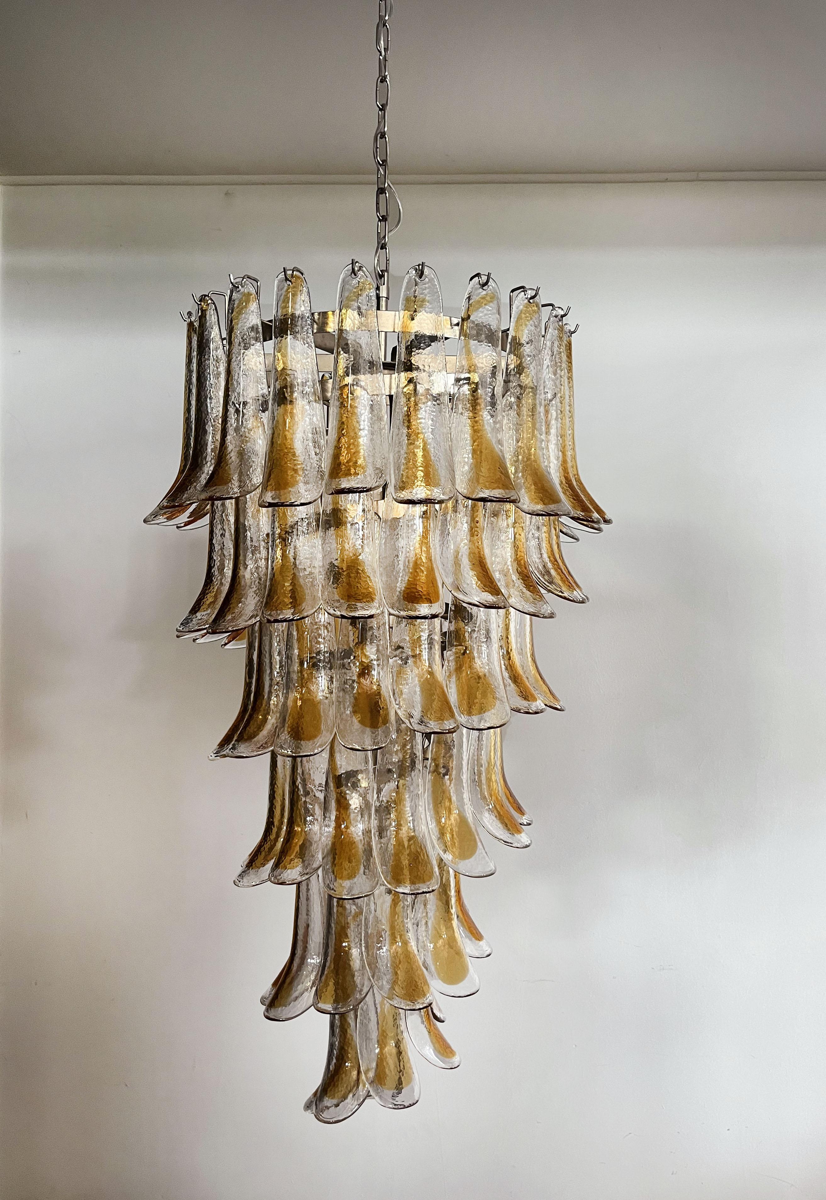 Huge Italian Murano Glass Spiral Chandelier, 83 Amber and Clear Glass Petals For Sale 3