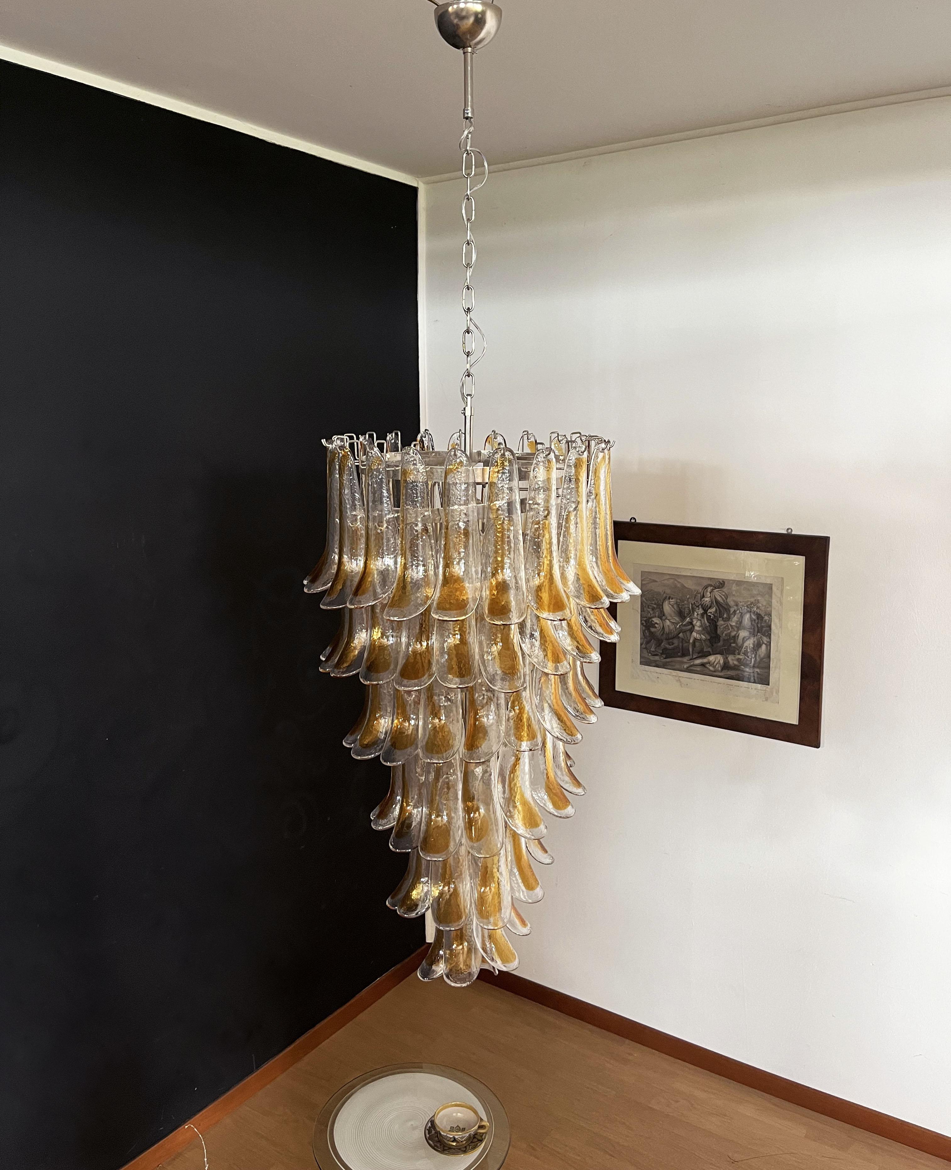Huge Italian Murano Glass Spiral Chandelier, 83 Amber and Clear Glass Petals For Sale 4