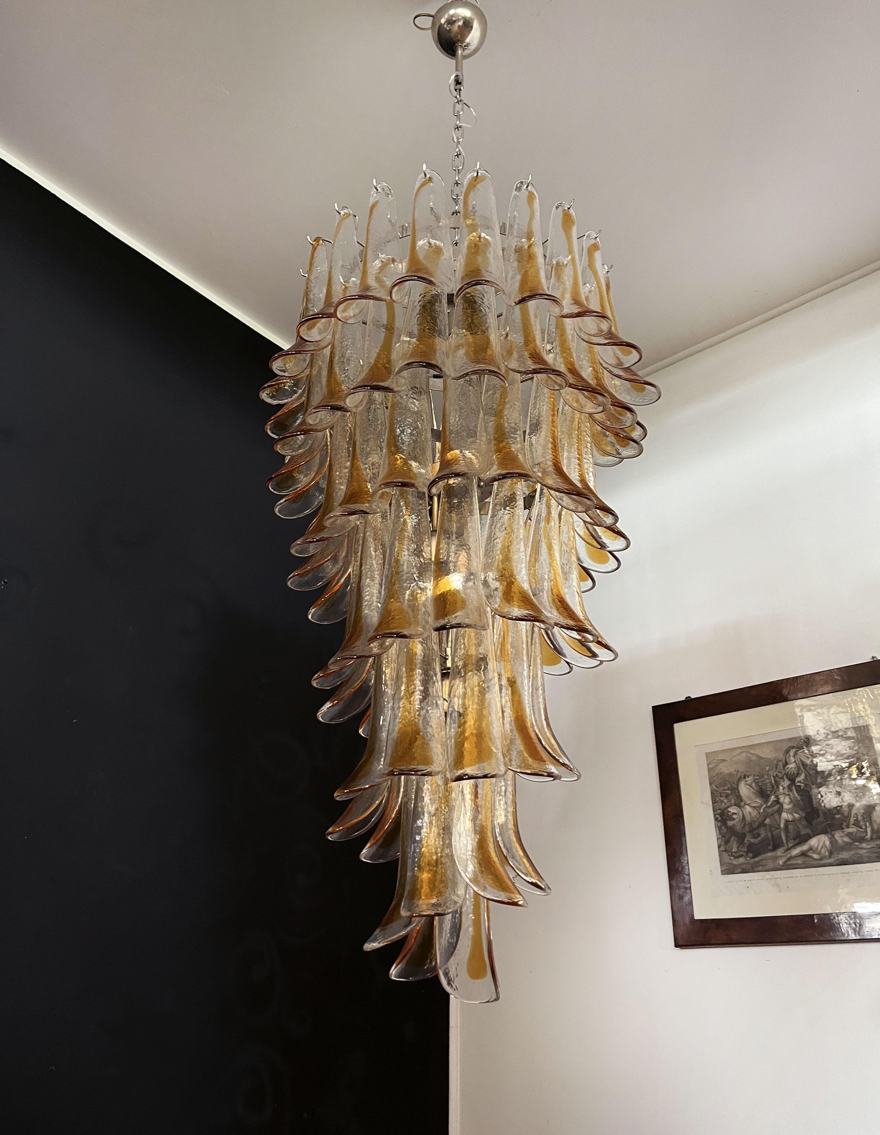 Huge Italian Murano Glass Spiral Chandelier, 83 Amber and Clear Glass Petals For Sale 6