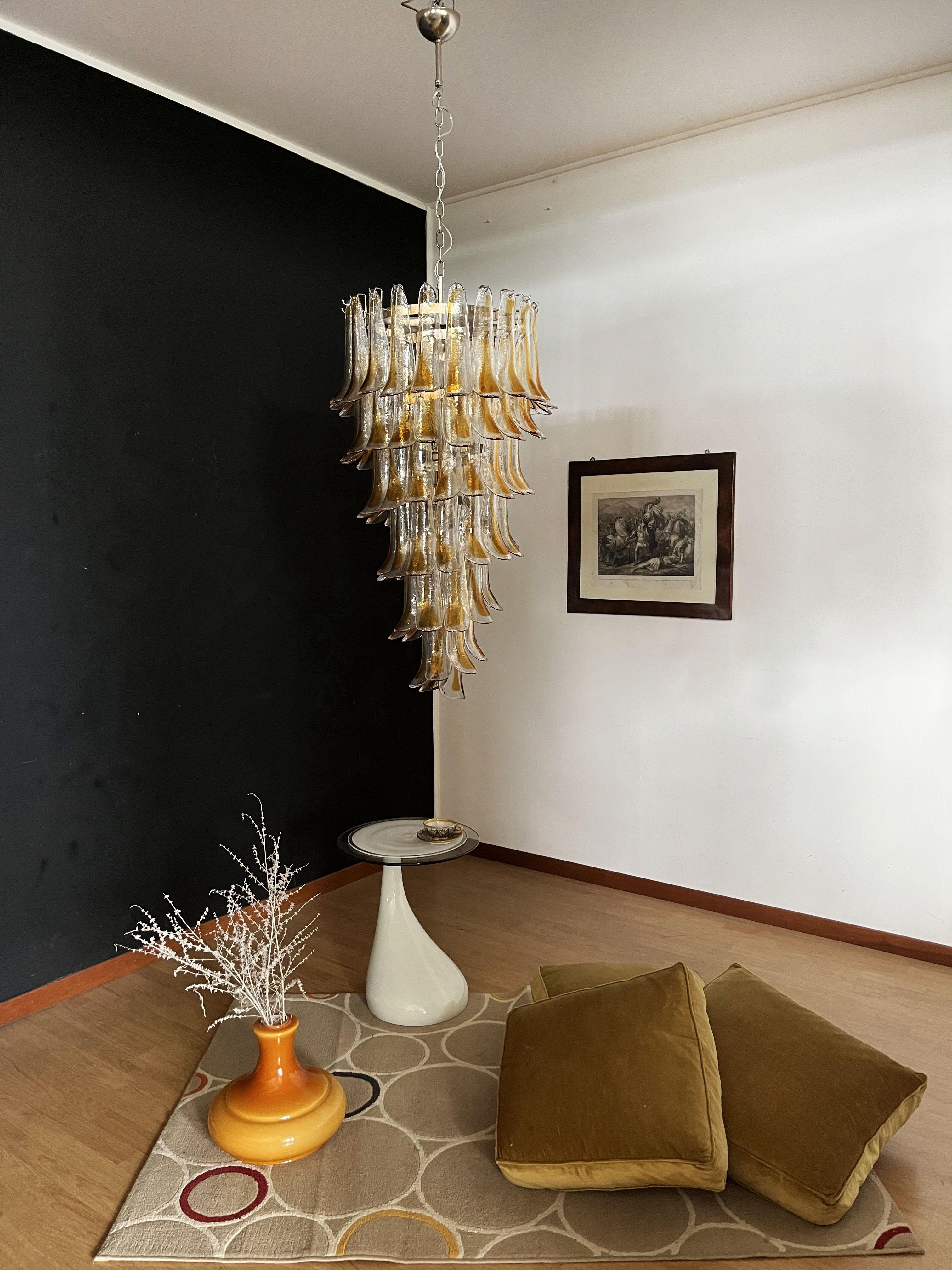 Mid-Century Modern Huge Italian Murano Glass Spiral Chandelier, 83 Amber and Clear Glass Petals For Sale