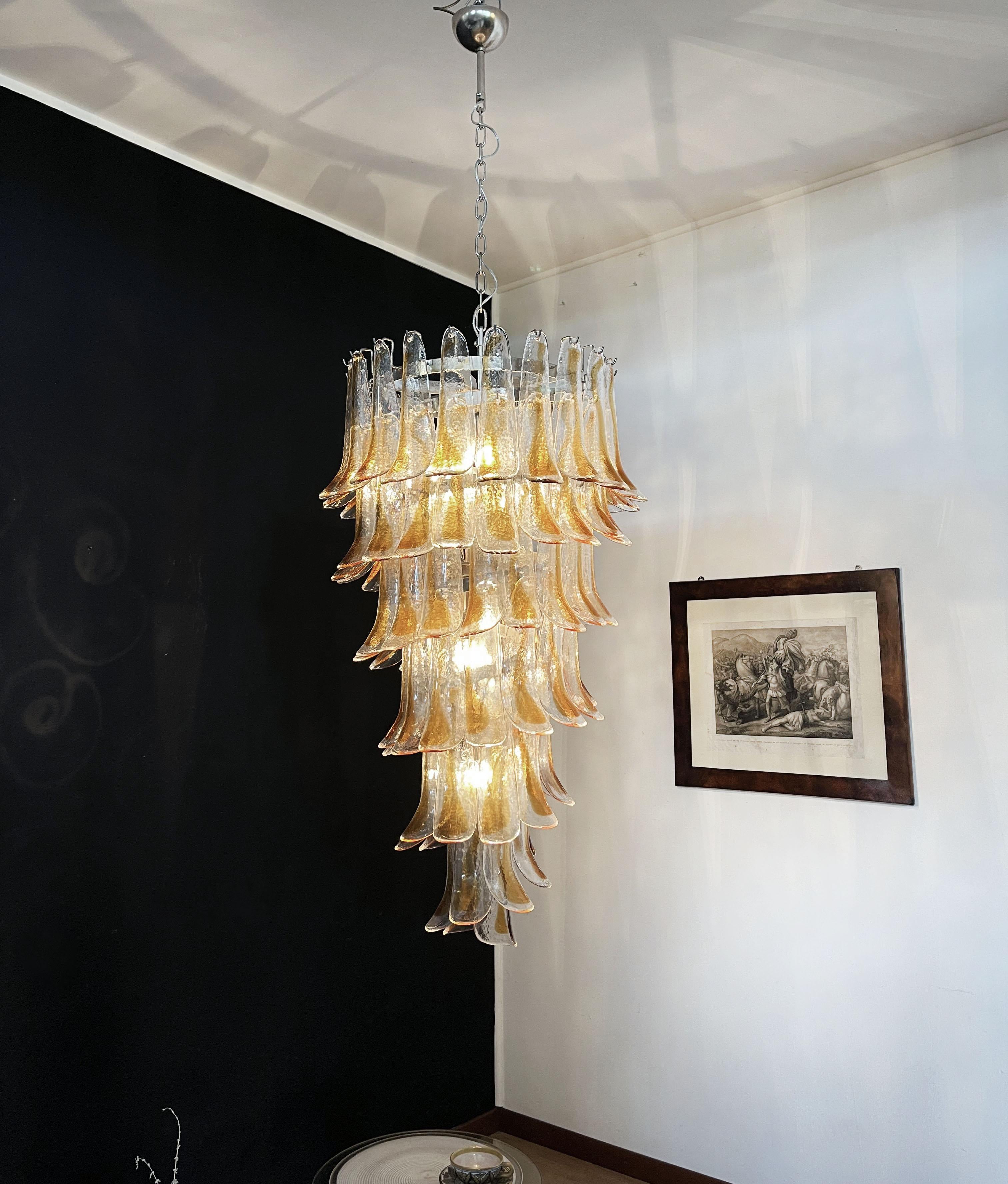 20th Century Huge Italian Murano Glass Spiral Chandelier, 83 Amber and Clear Glass Petals For Sale