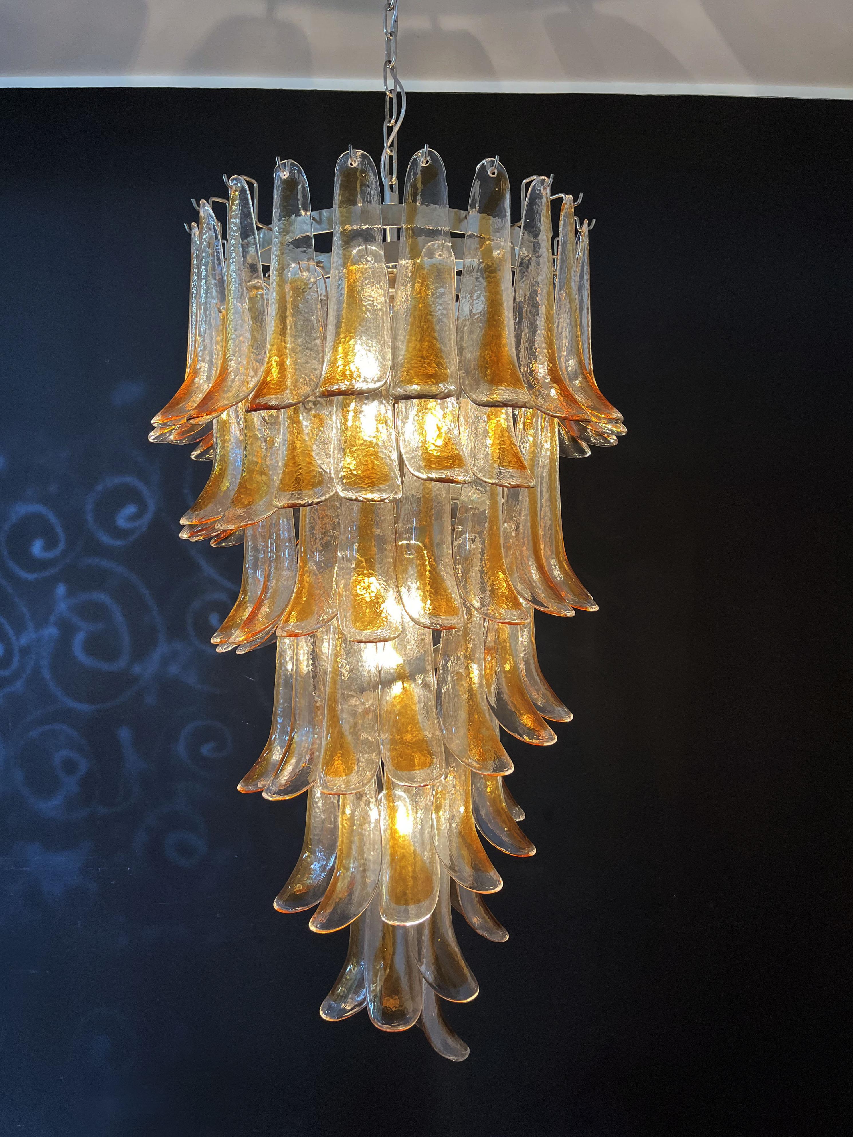 Huge Italian Murano Glass Spiral Chandelier, 83 Amber and Clear Glass Petals For Sale 2