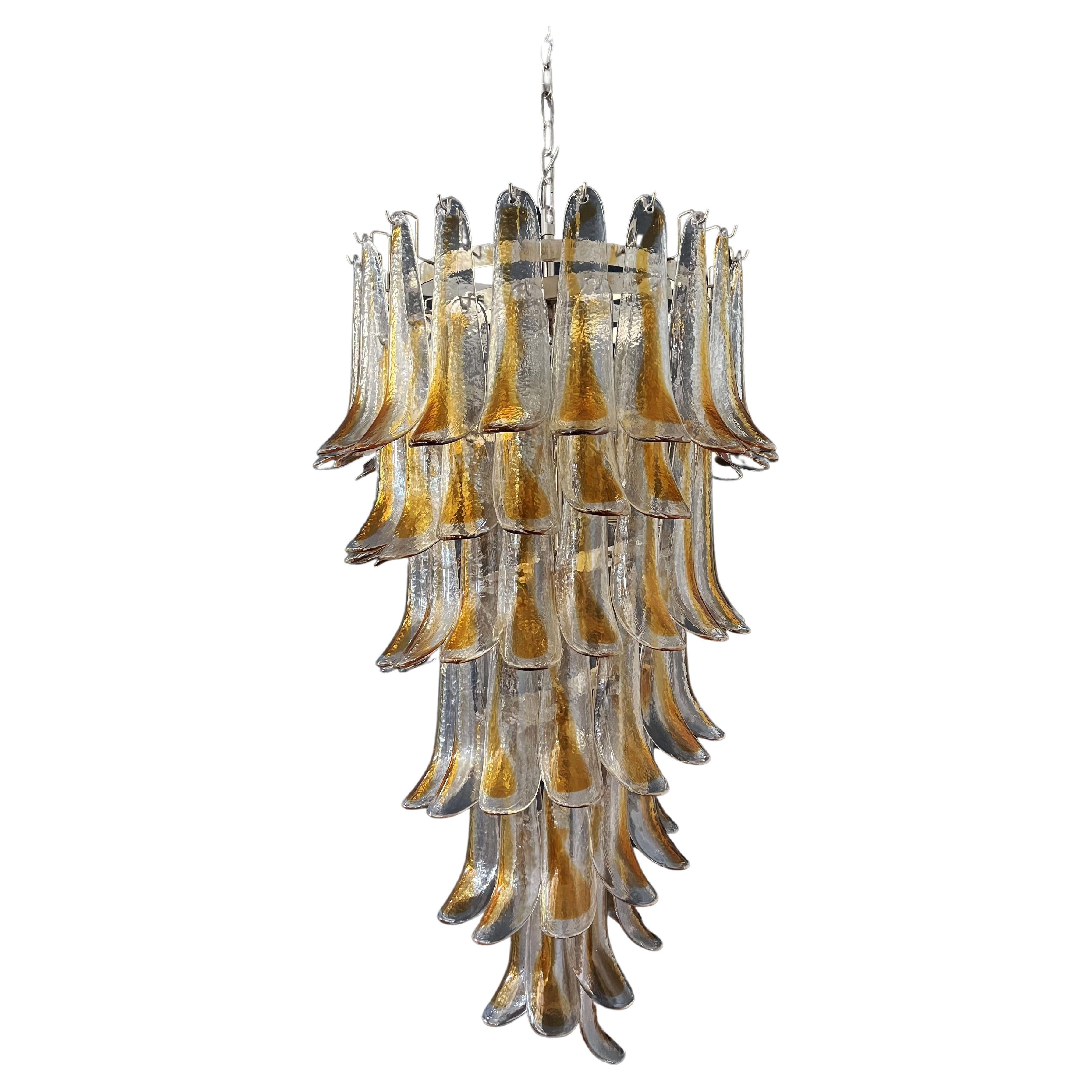 Huge Italian Murano Glass Spiral Chandelier, 83 Amber and Clear Glass Petals For Sale