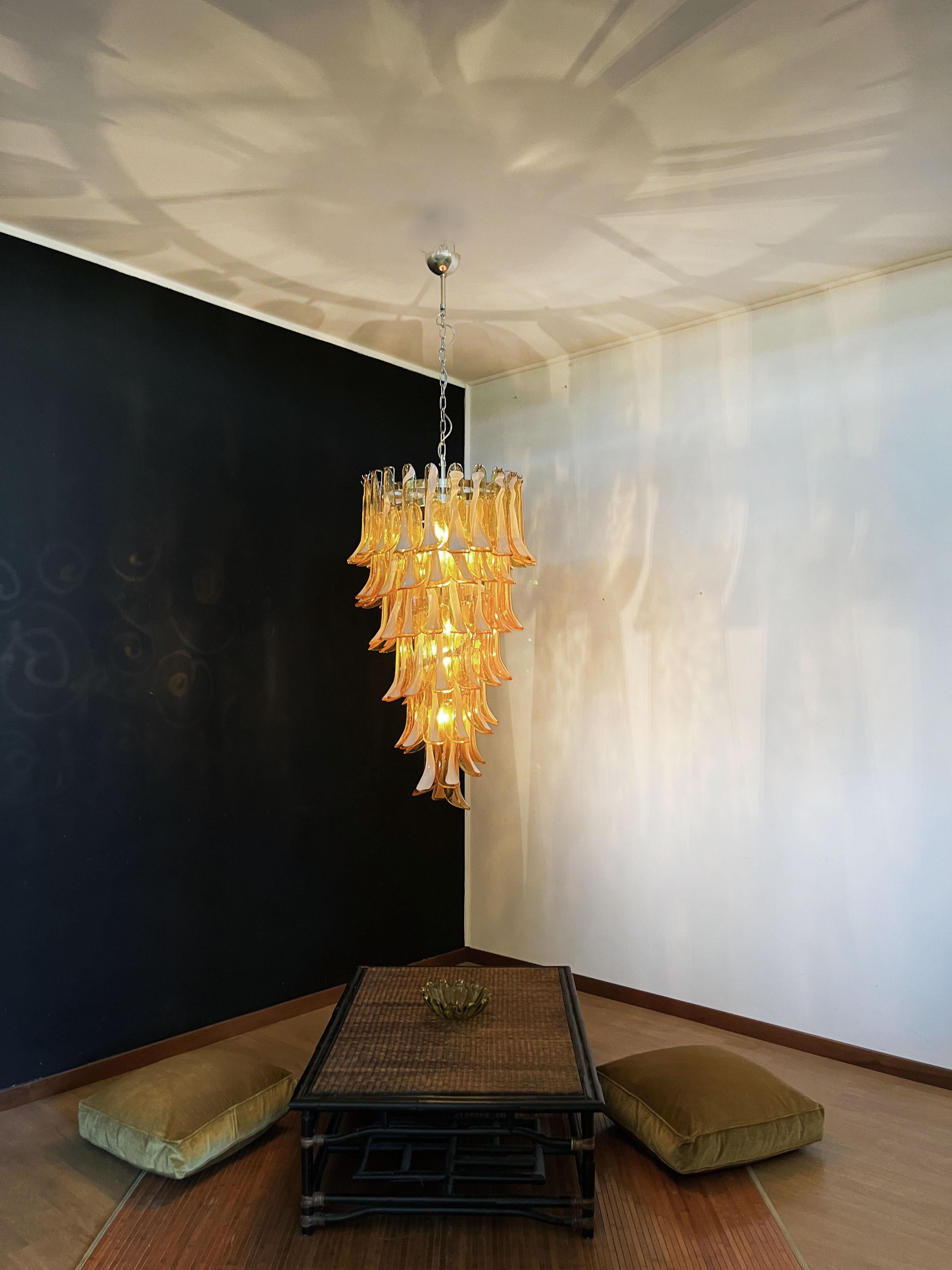 Huge Italian Murano Glass Spiral Chandelier, 83 Amber Glass Petals For Sale 1