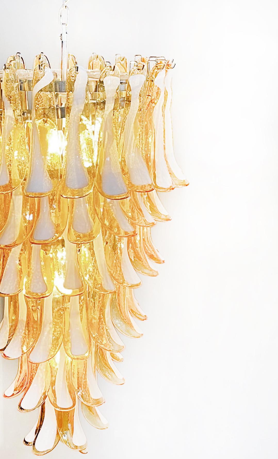 Mid-Century Modern Huge Italian Murano Glass Spiral Chandelier, 83 Amber Glass Petals For Sale