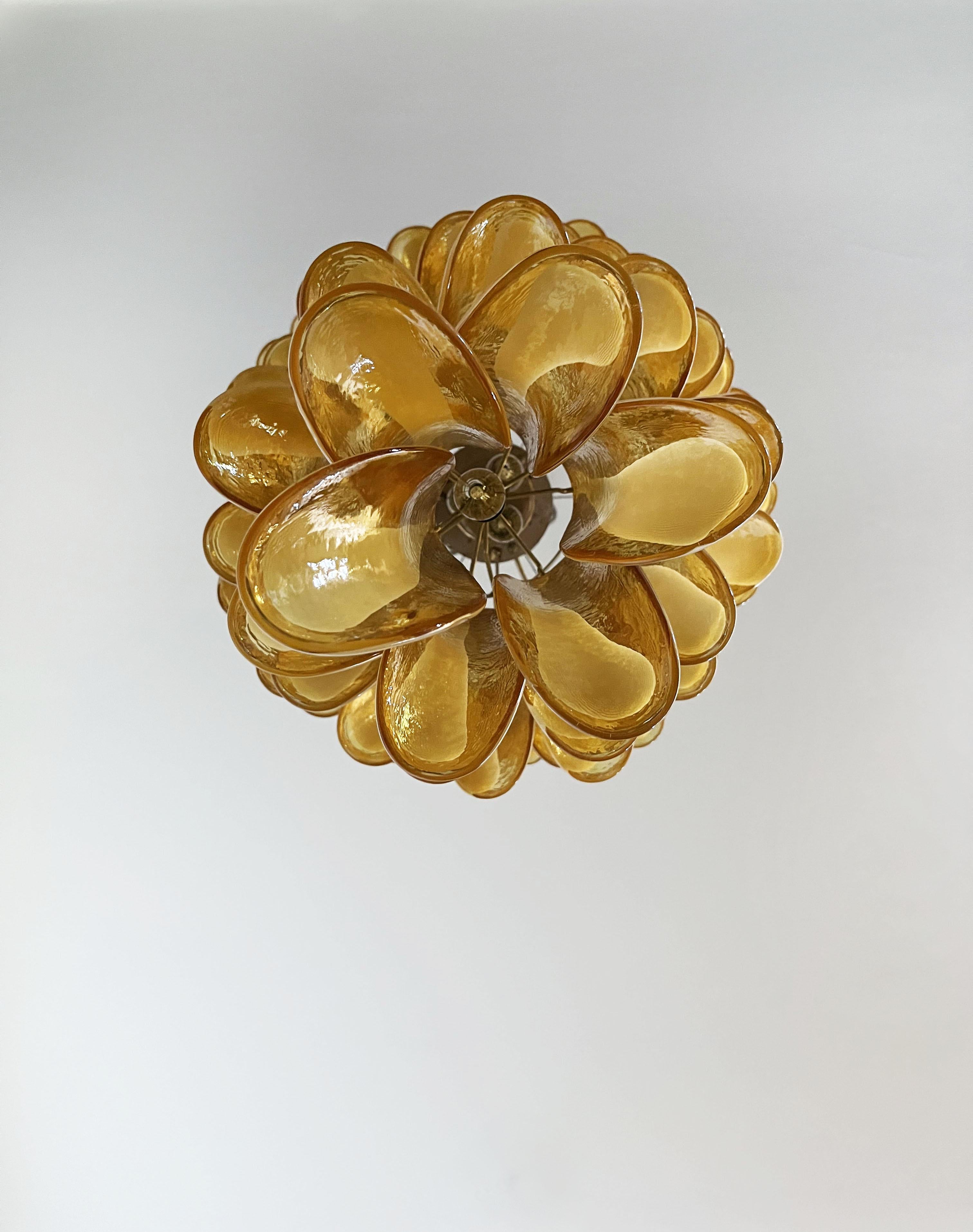 Galvanized Huge Italian Murano Glass Spiral Chandelier, 83 Amber Glass Petals For Sale