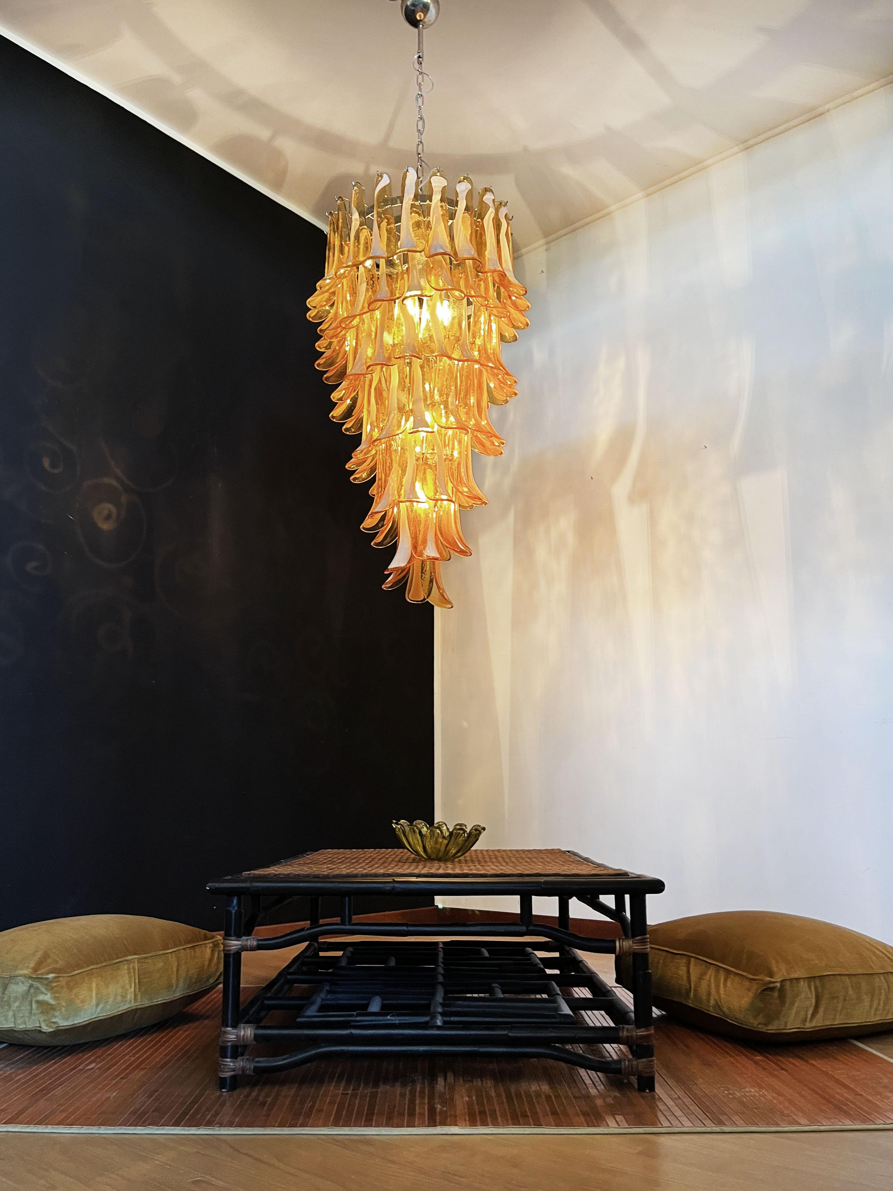 20th Century Huge Italian Murano Glass Spiral Chandelier, 83 Amber Glass Petals For Sale