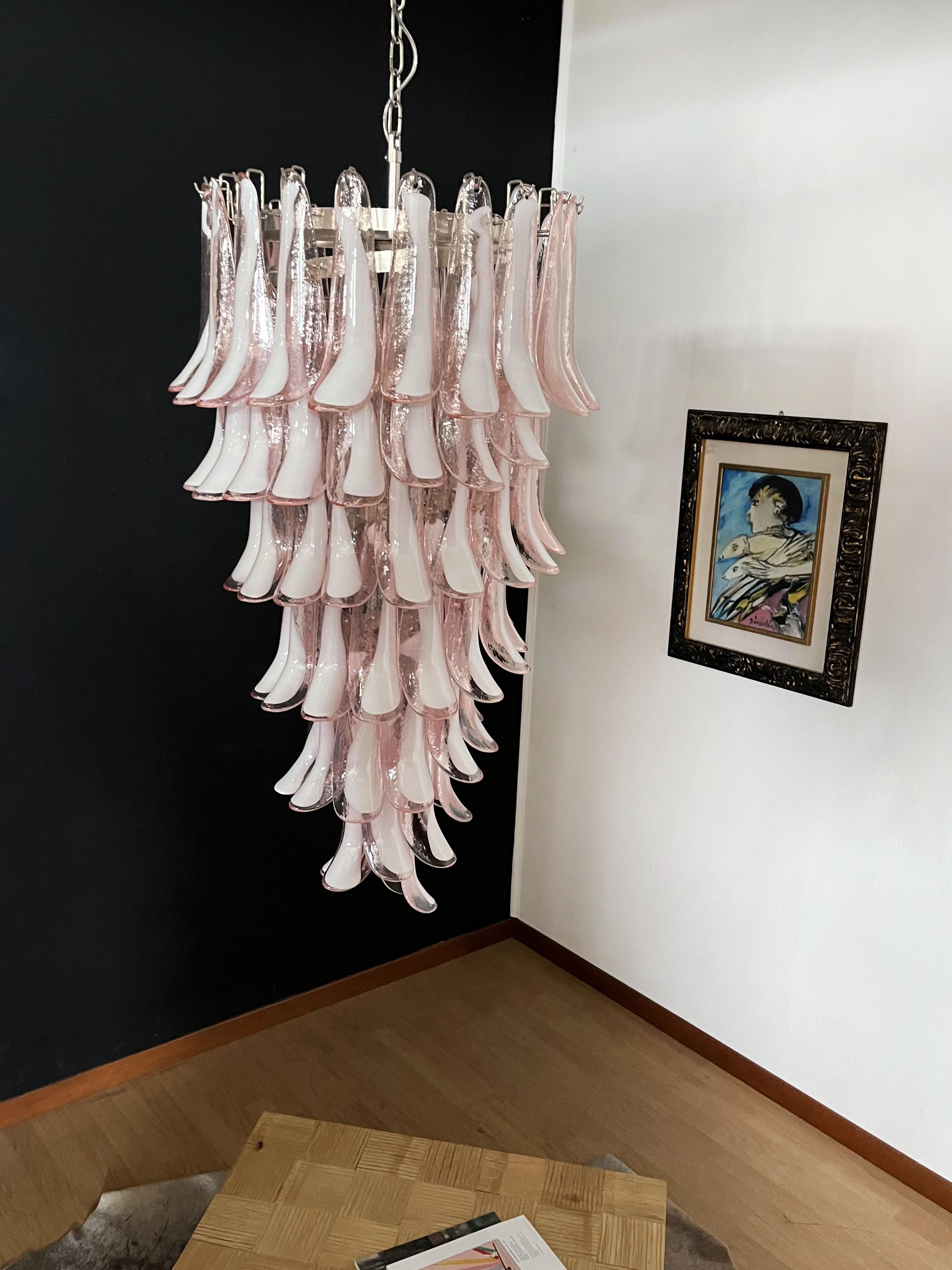 Huge Italian Murano Glass Spiral Chandelier, 83 Pink Glass Petals For Sale 9