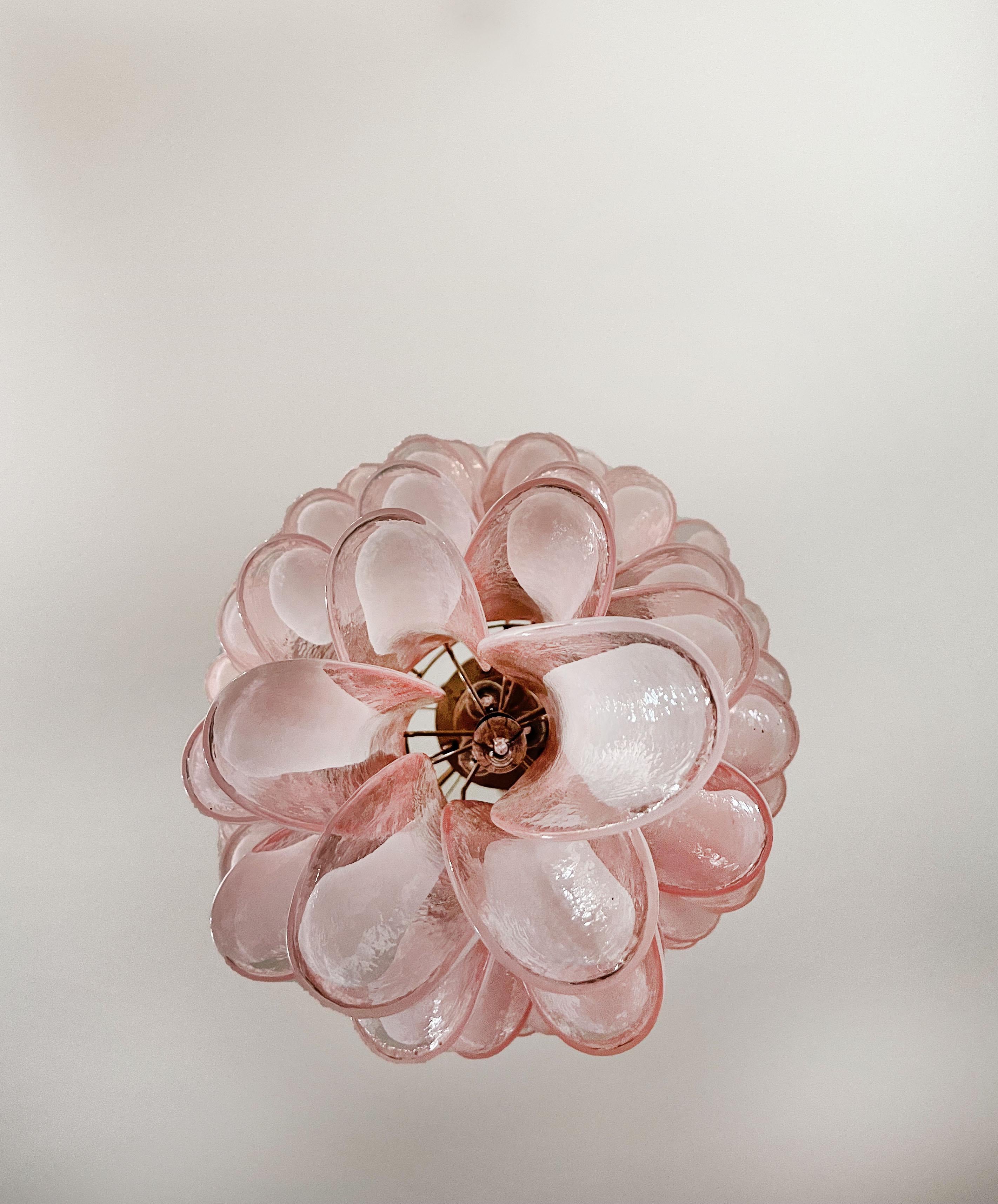 Mid-Century Modern Huge Italian Murano Glass Spiral Chandelier, 83 Pink Glass Petals For Sale