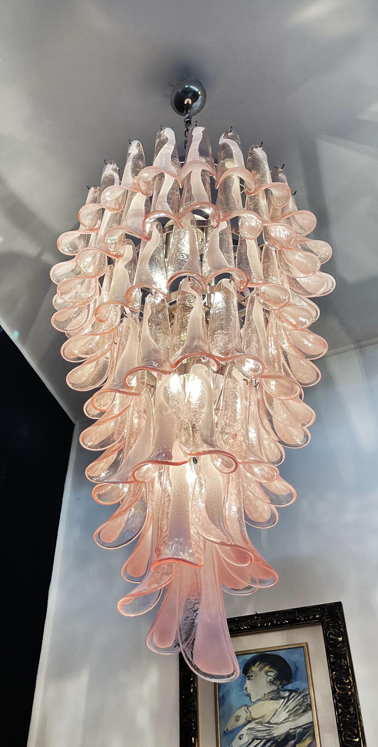 Galvanized Huge Italian Murano Glass Spiral Chandelier, 83 Pink Glass Petals For Sale