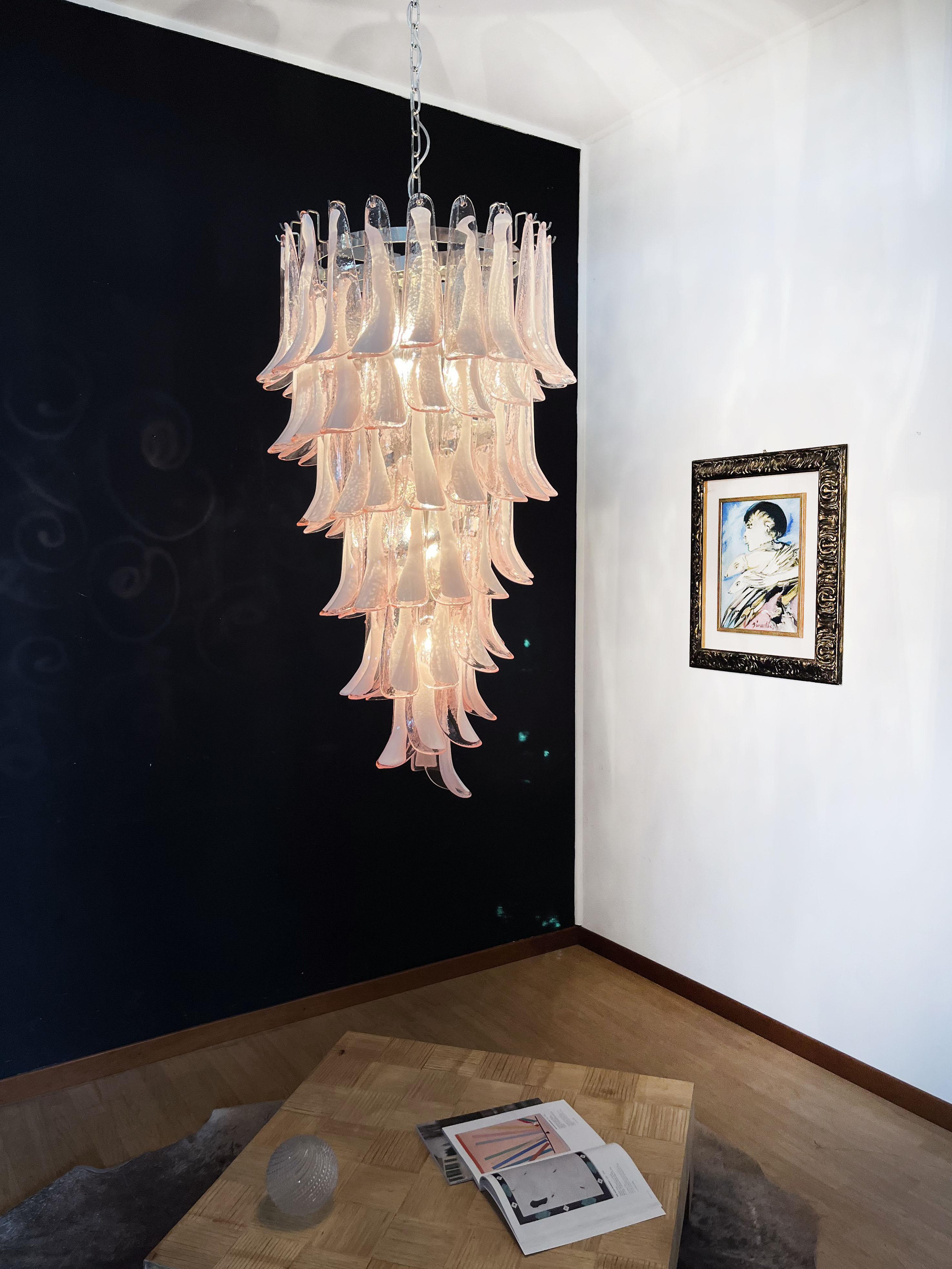 Blown Glass Huge Italian Murano Glass Spiral Chandelier, 83 Pink Glass Petals For Sale